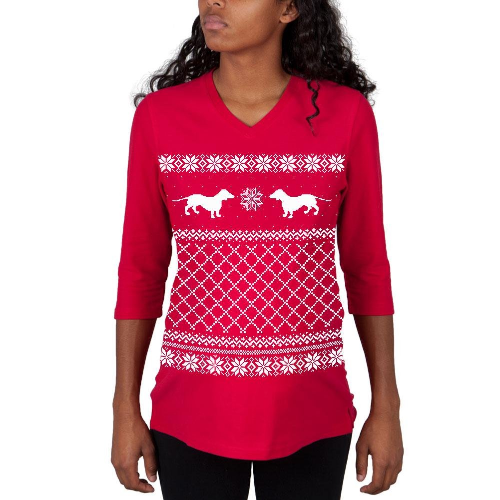 Funny Dachshund Ugly Christmas Sweater - Red Maternity 3/4 Sleeve T-Shirt for Women | Holiday Party Outfit & Festive Family Photos