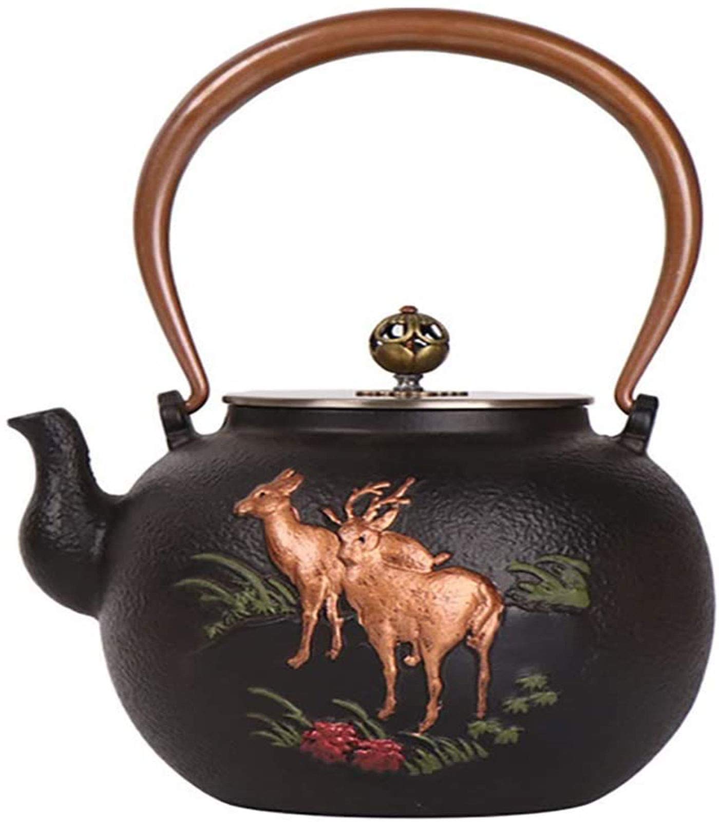 Premium 1.6L Japanese Cast Iron Teapot - Tetsubin Style Tea Kettle with Gold Deer Pattern, Heat Retention Design for Perfect Tea Brewing | Ideal for Home, Office & Traditional Tea Ceremonies
