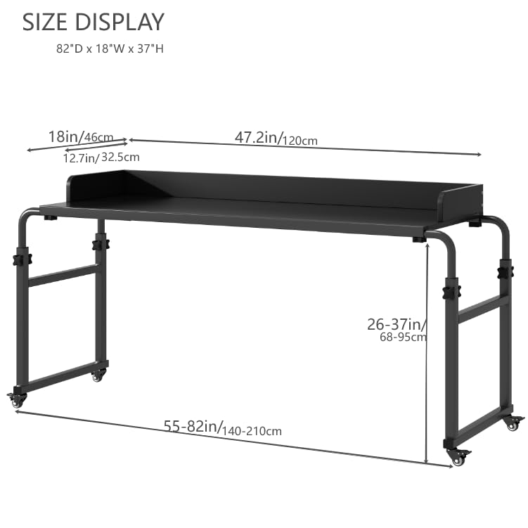 Overbed Table with 360° Wheels - Adjustable Height & Length Queen Size Mobile Bed Desk - Heavy Duty Metal Leg Recliner Table for Hospital, Home & Nursing Care (Ideal for Eating, Working, Reading in Bed)