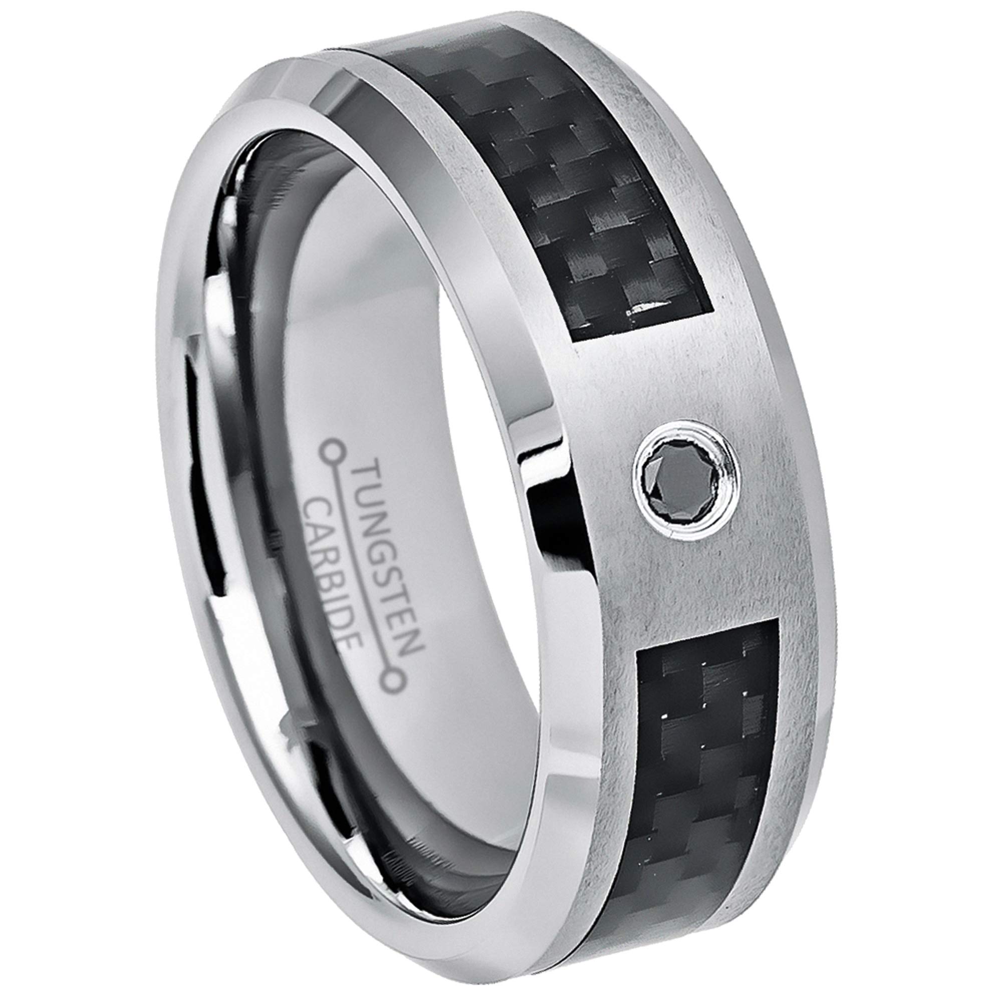 0.05ct Black Diamond Tungsten Ring - 8mm Beveled Tungsten Carbide Wedding Band with Carbon Fiber Inlay for Men | Anniversary, Engagement & Everyday Wear Jewelry Gift