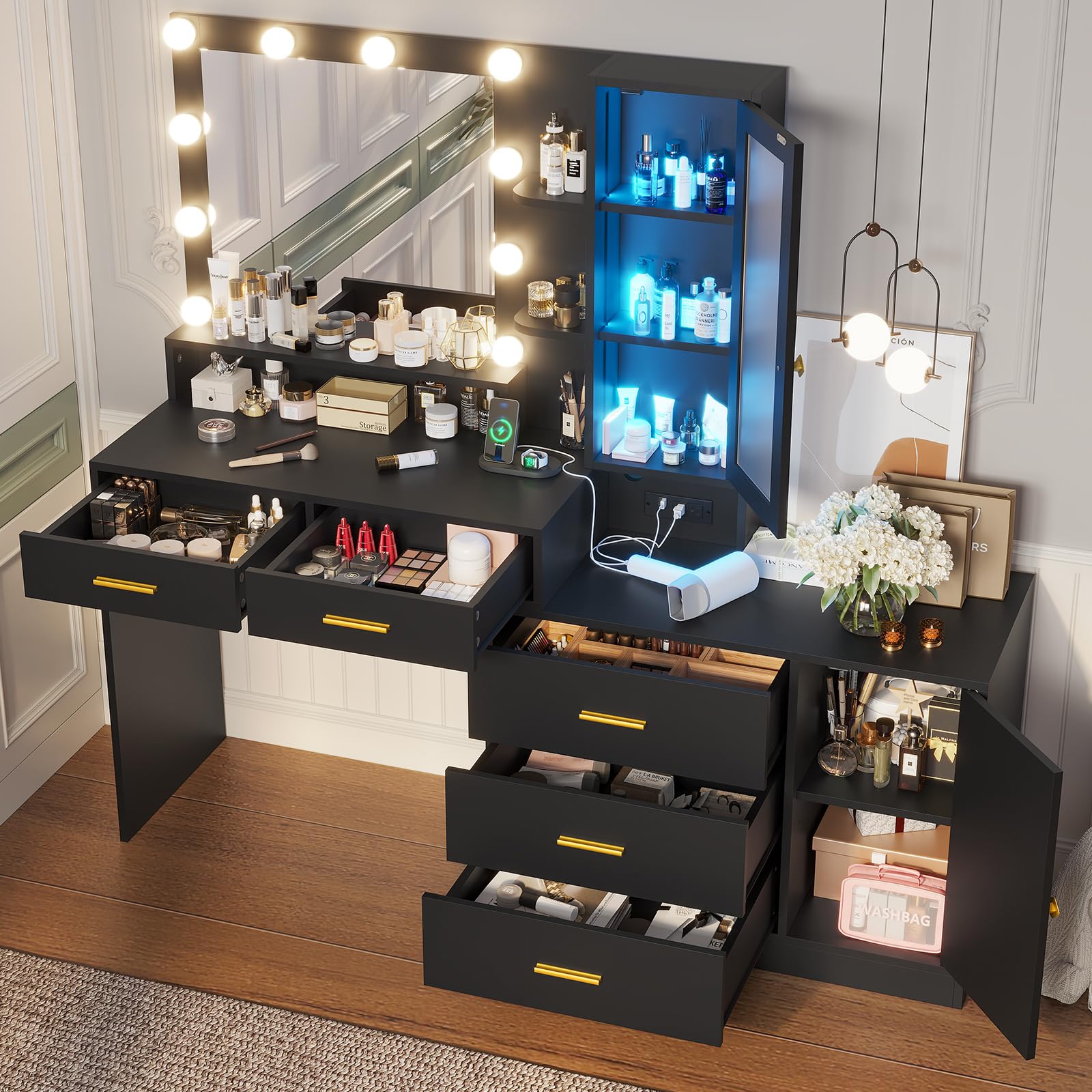 Black Makeup Vanity Desk with LED Lights & Mirror - Dressing Table with Drawers, Shelves & Charging Station - Perfect for Bedroom, Beauty Salon & Home Decor
