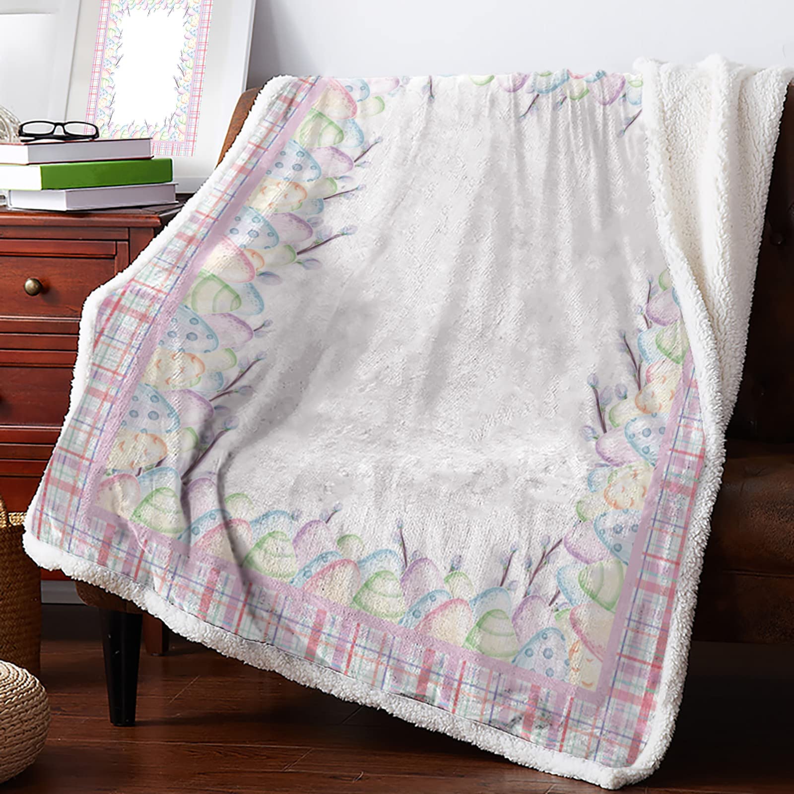 Aomike Sherpa Fleece Throw Blanket - Easter Eggs Pink Checkered Border, Super Soft Fuzzy Plush Blanket for Couch, Sofa & Bed, 59x79 Inch | Cozy Home Decor, Gift for Women, Winter Warmth & Movie Nights