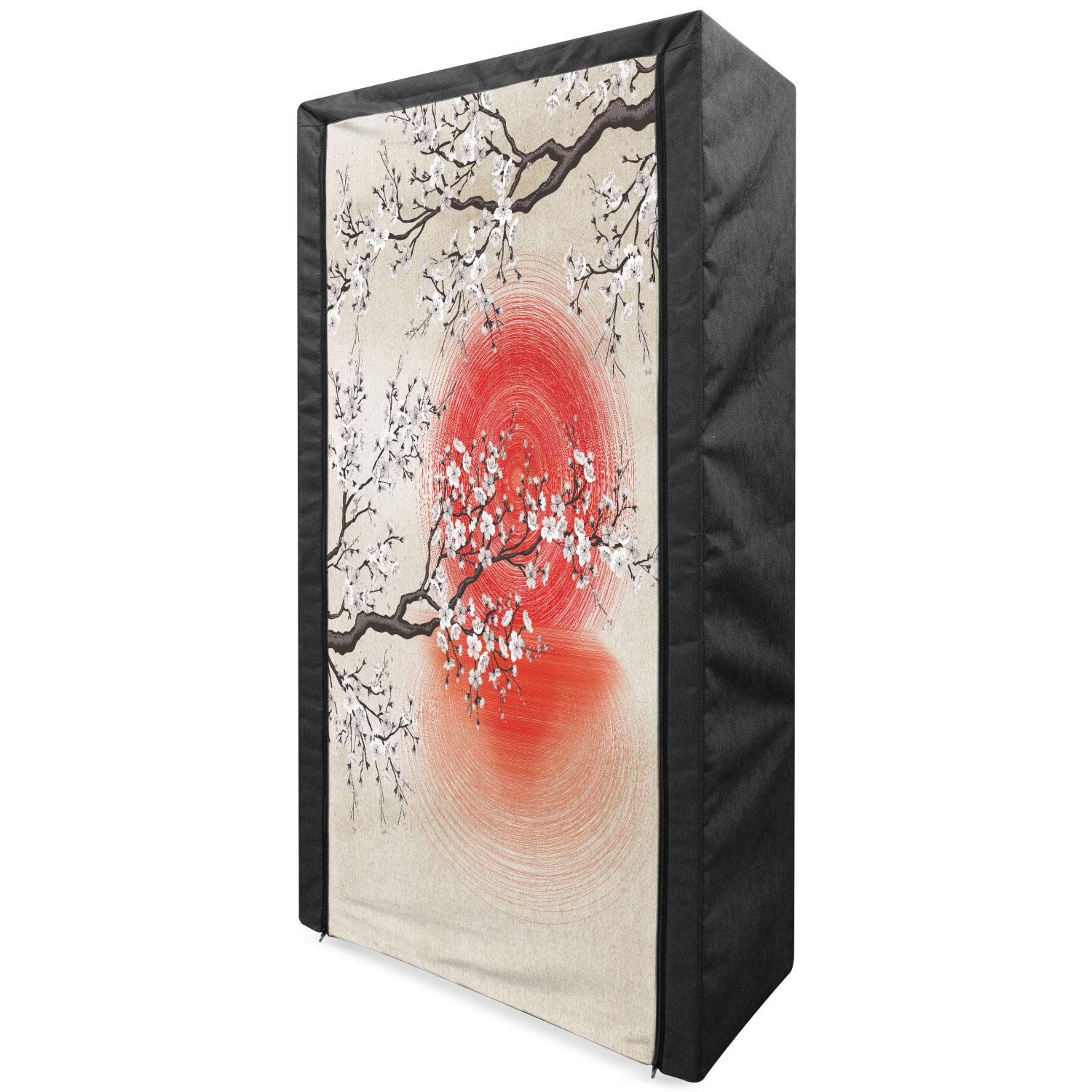 Ambesonne Cherry Blossom Portable Fabric Wardrobe - Japanese Sakura Tree Design Clothing Organizer with Shelves, 33.5 Inch Grey Yellow Dark Coral - Perfect for Bedroom Closet Storage & Seasonal Clothing Organization