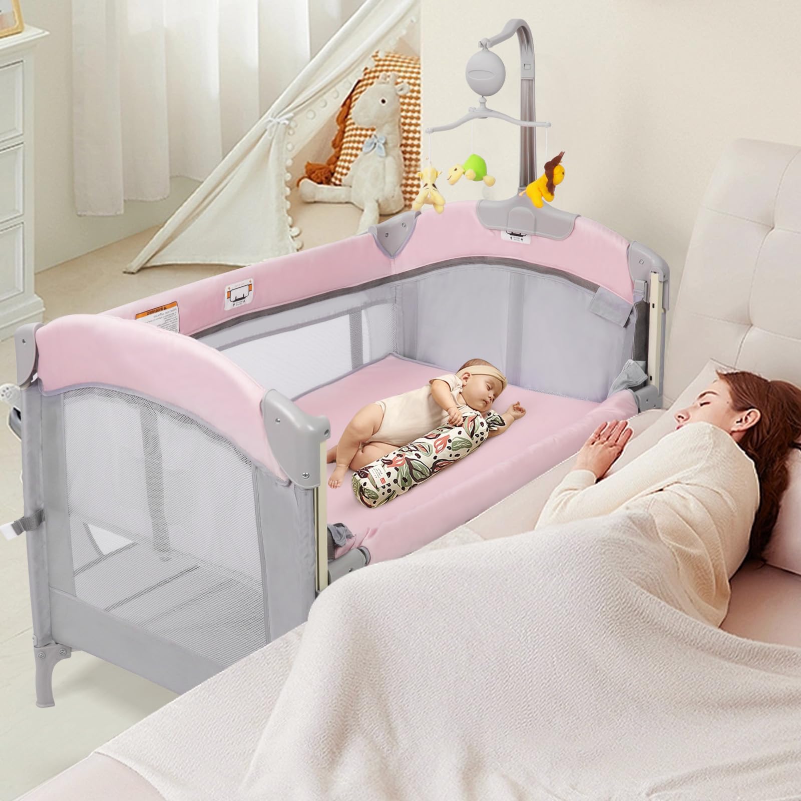 5-in-1 Baby Bassinet Bedside Crib with Adjustable Height, Portable Pack and Play Sleeper for Newborns & Infants - Perfect for Nursery, Bedroom Co-Sleeping & Travel (Pink)