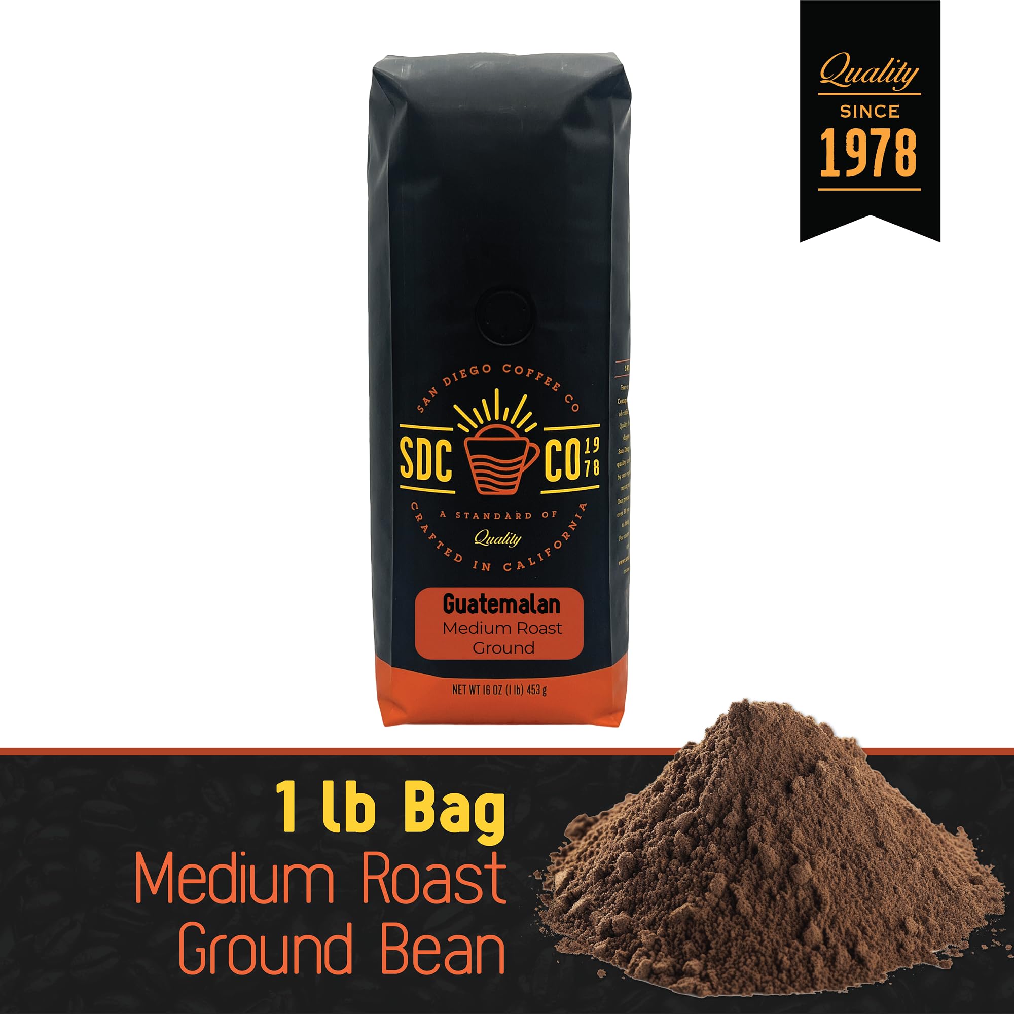 Guatemalan Medium Roast Ground Coffee - 16-Ounce Bag of Premium San Diego Roasted Coffee Beans | Perfect for Home Brewing, Office Use & Gifts