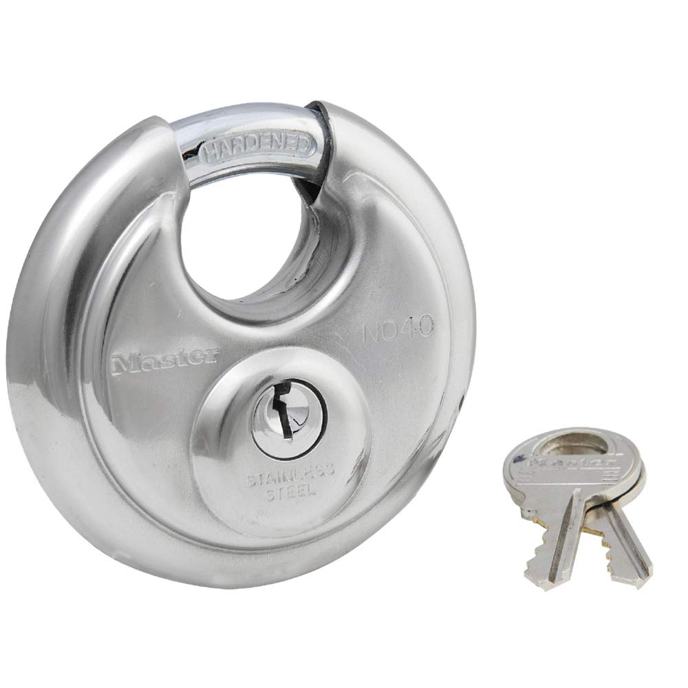 Master Lock 40D Stainless Steel Discus Padlock with Key - High Security Outdoor Lock for Gates, Fences & Storage Units (Silver)