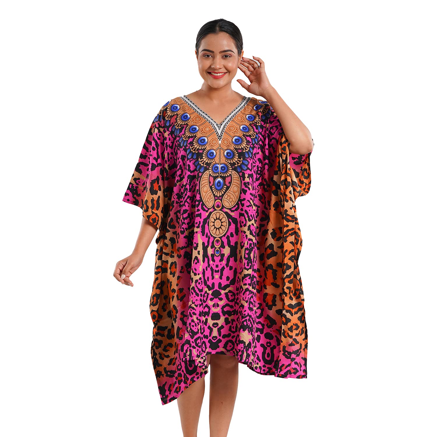 Shop LC Women's Peacock Printed V-Neck Kaftan Dress - Loose Fit Swing Summer Beach Cover Up in Pink, Orange & Yellow | Perfect for Vacations, Pool Parties & Boho Fashion