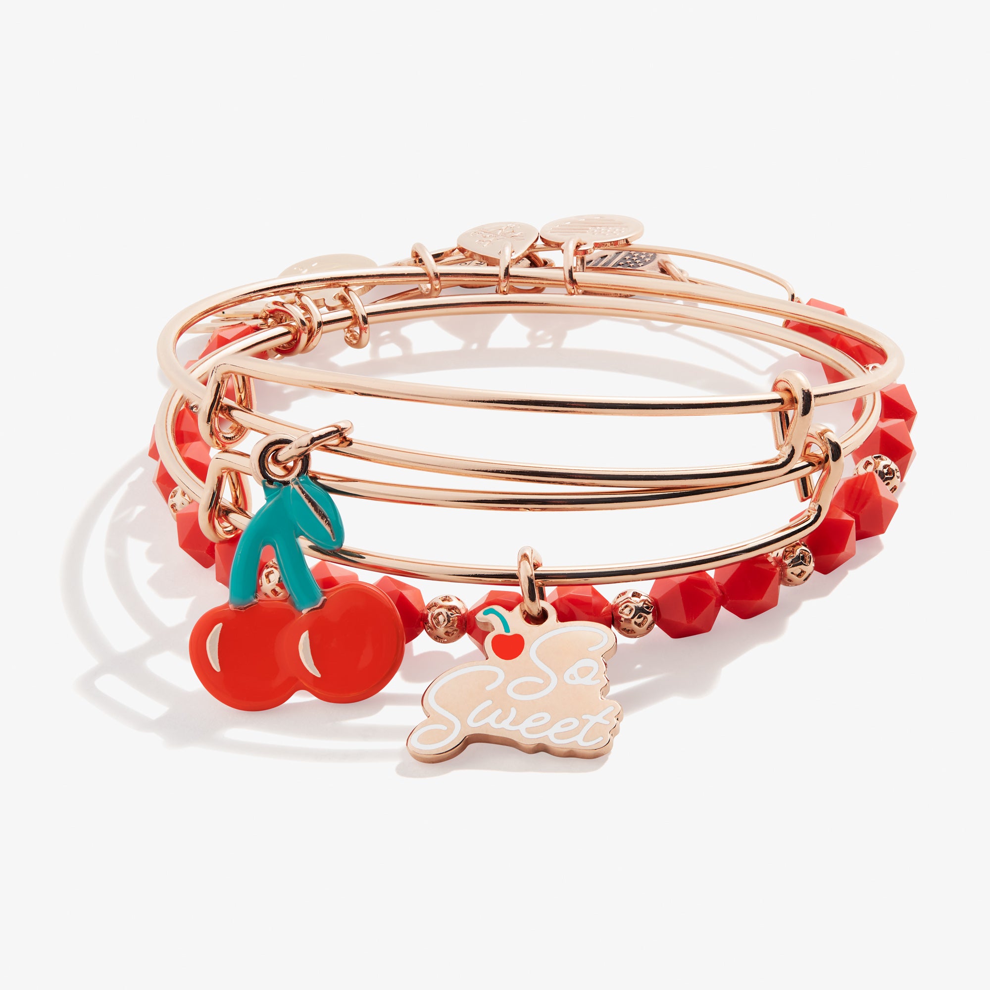Stylish 'So Sweet' Cherry Charm Bangles Set of 3 - Perfect for Women's Fashion Accessories, Gift Giving & Everyday Wear