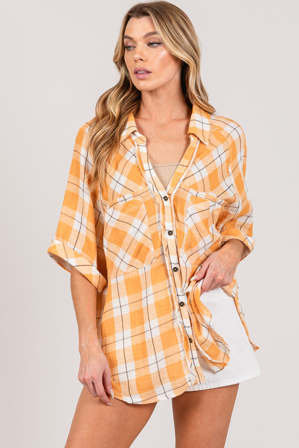 SAGE + FIG Women's Plaid Button Up Shirt with Side Slit - Casual Long Sleeve Blouse for Work, Office & Everyday Wear