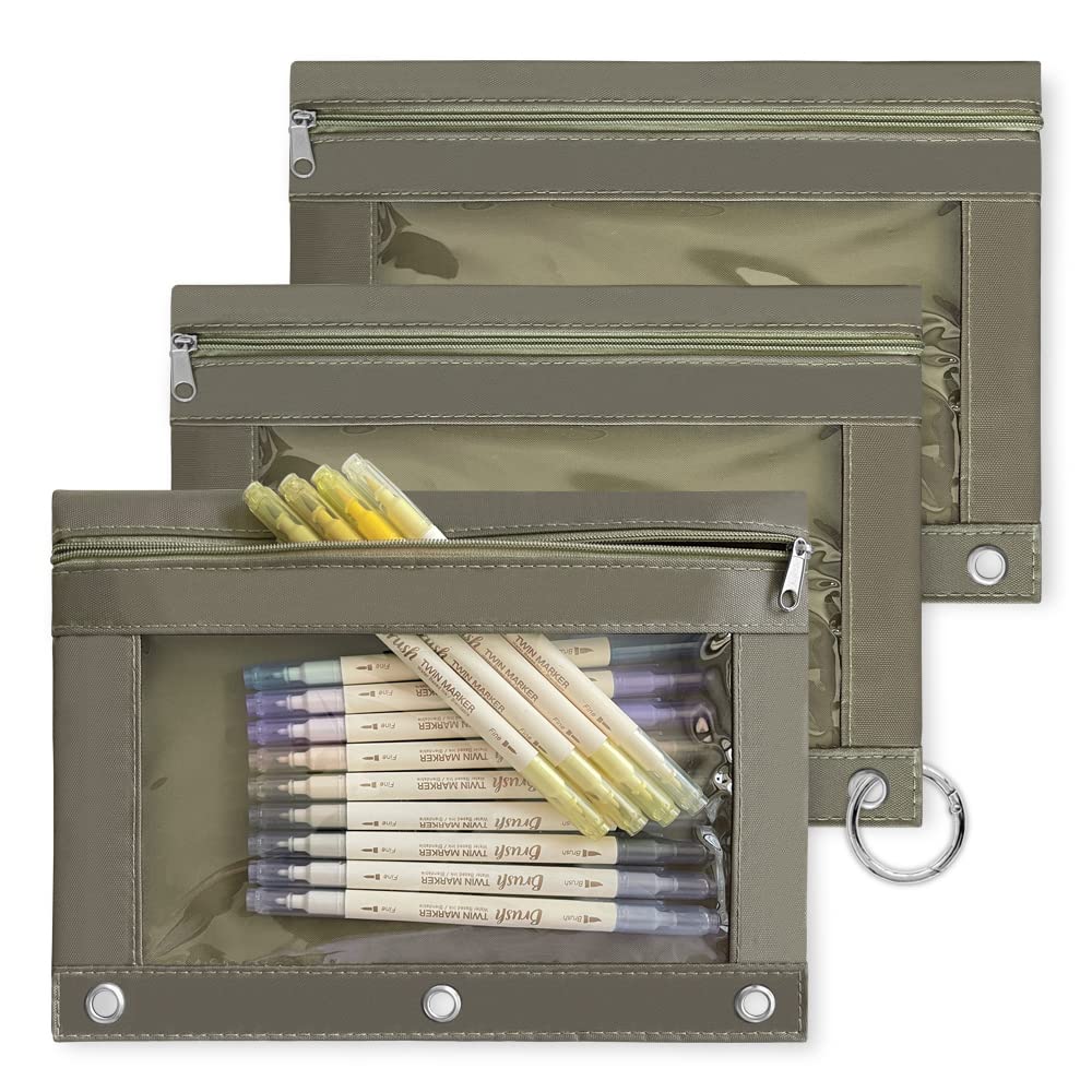 3-Pack Dark Grey 3-Ring Binder Pencil Pouch with Zipper Closure - Large Capacity Clear Window Pencil Case with Reinforced Grommets for School, Office & College Organization Supplies