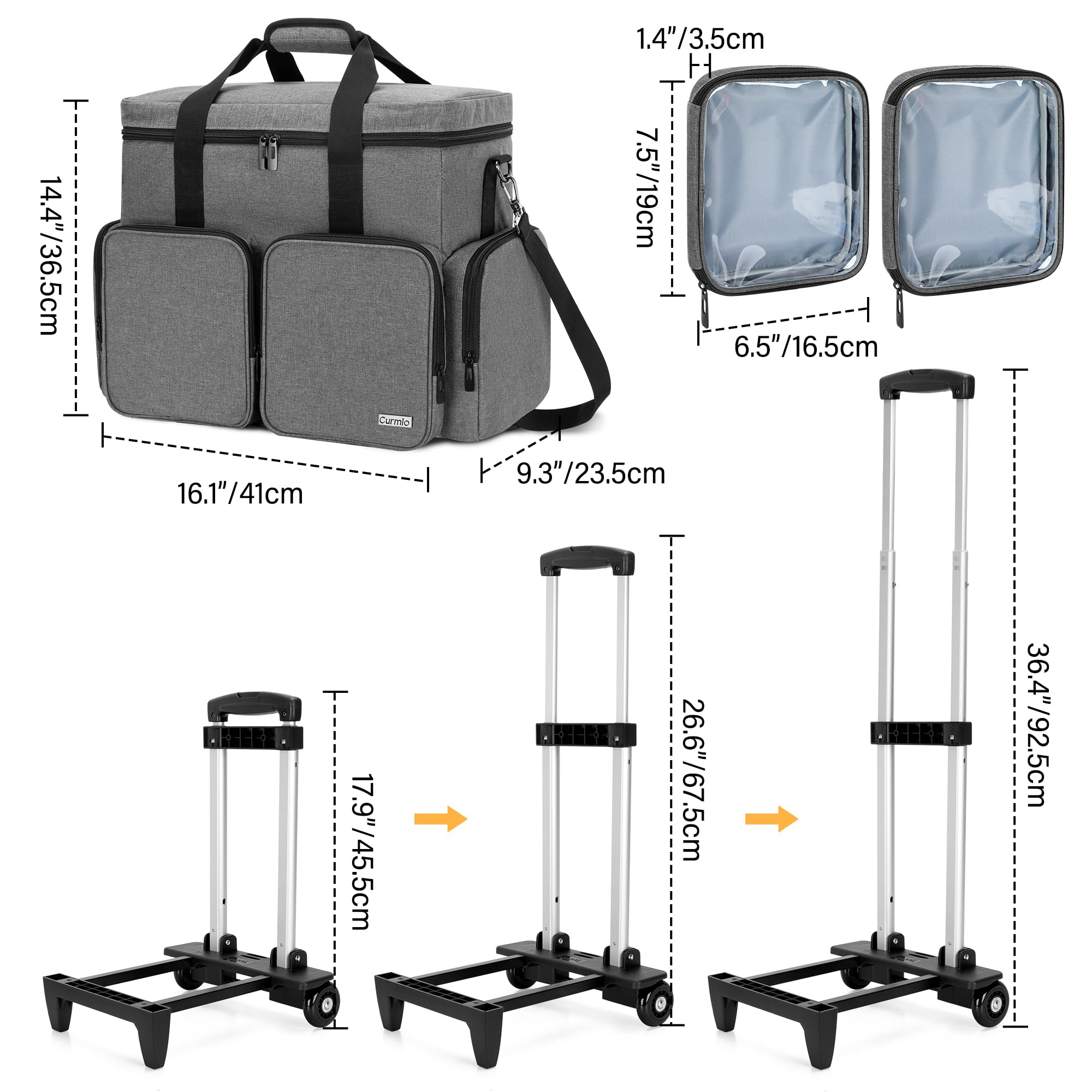 CURMIO Rolling Scrapbook Tote with Wheels - Portable Scrapbook Storage Bag with Detachable Trolley & Wooden Base | Craft Organizer for Scrapbooking Supplies (Gray) | Perfect for Craft Fairs, Workshops & Home Organization
