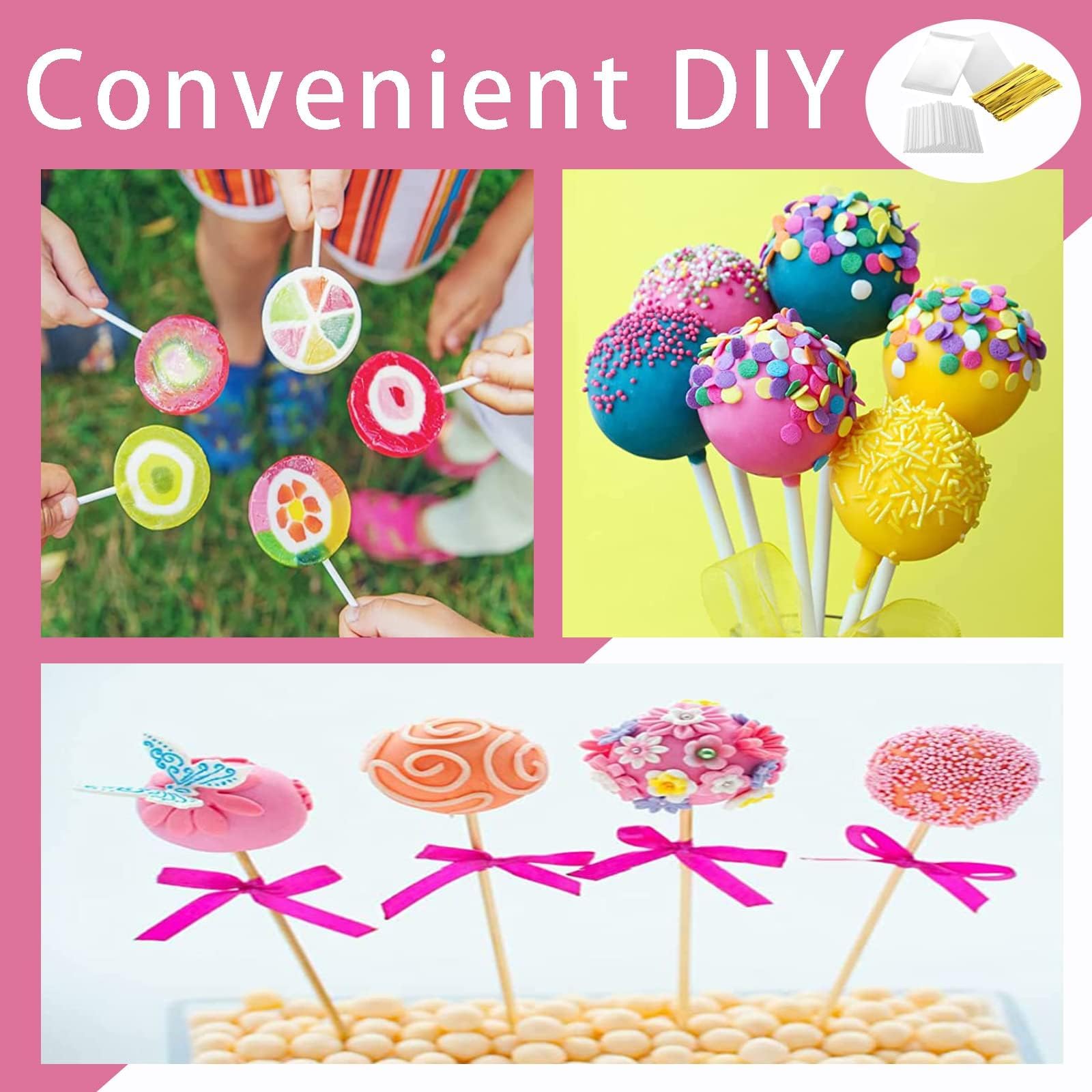 300-Piece Cake Pop Making Kit - 100 Lollipop Sticks, 100 Cake Pop Bags, 100 Twist Ties - Essential Baking Tools for Homemade Cake Pops, Candy Apples & Chocolate Treats - Perfect for Birthday Parties, Baby Showers & Holiday Gift Packaging