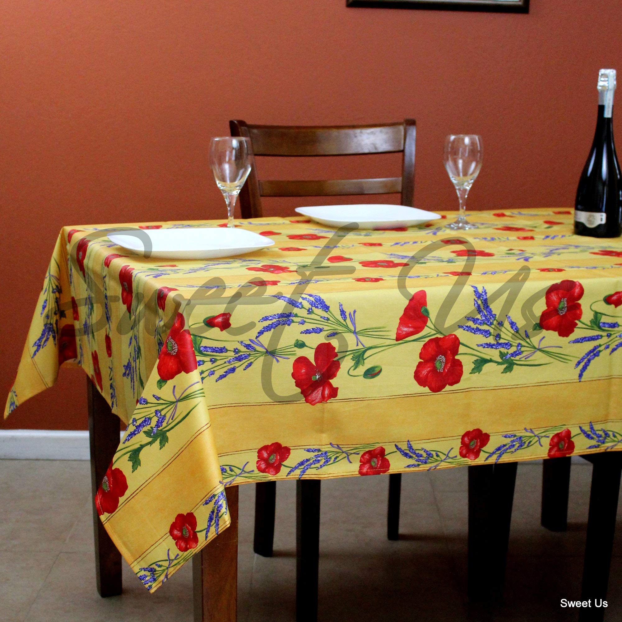 La Cigale Poppy Éclat Spill-Resistant Wipeable Tablecloth - Acrylic Coated Floral Cotton French Provencal Table Cover for Rectangle Tables (60x98 Inches, Yellow) - Perfect for Dining Room, Kitchen, Outdoor Picnics & French Country Decor