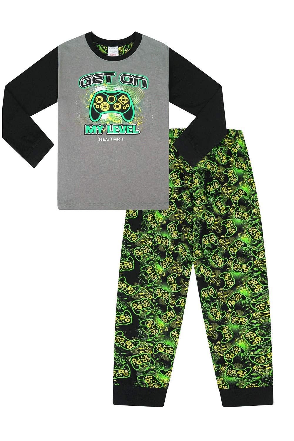 Boys Gaming Pajamas Set - Green & Grey Long Sleeve Cotton Sleepwear for Kids | Comfortable Gamer PJs for Sleepovers, Video Game Nights & Lounge Wear
