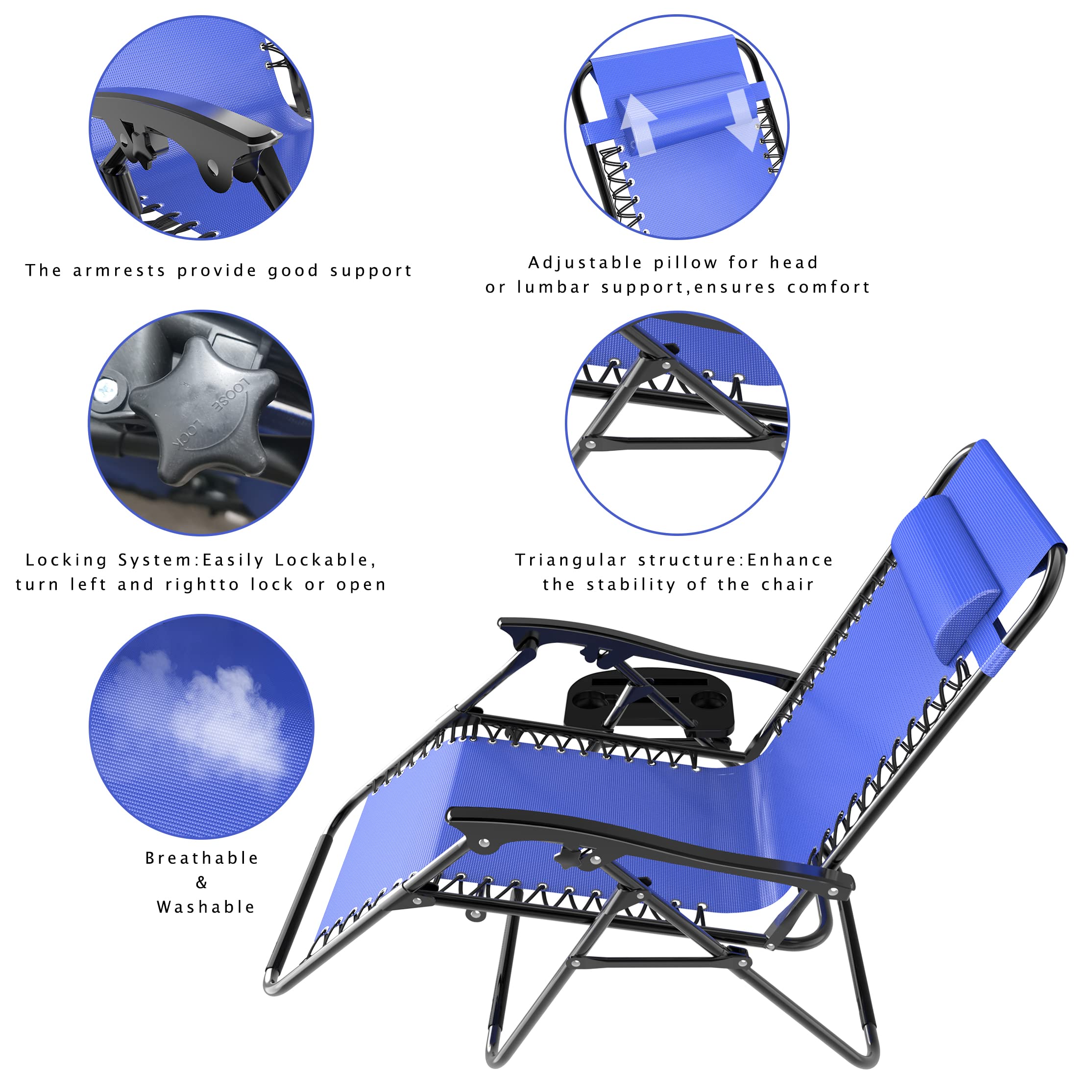 2 Pack Zero Gravity Lounge Chairs - Adjustable Reclining Patio Chairs with Pillow & Cup Holder, Foldable Outdoor Camping Chairs for Backyard, Porch, Beach (Navy Blue) | Perfect for Relaxing, Sunbathing & Outdoor Lounging