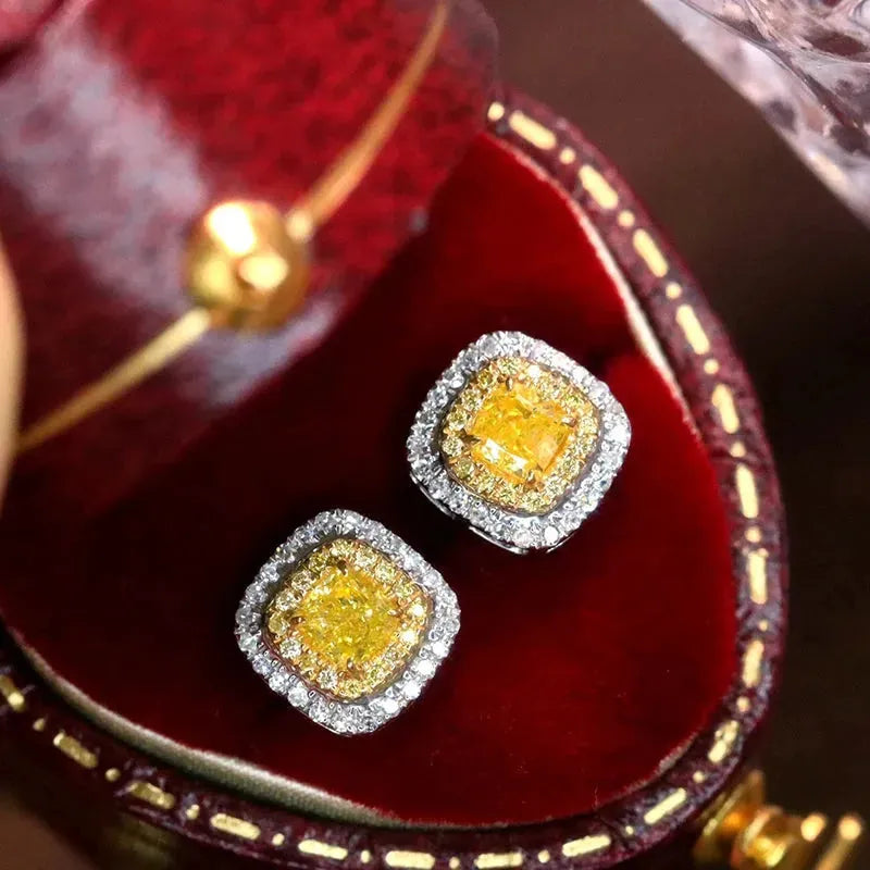 18K White Gold Luxury Natural Yellow Diamond Halo Stud Earrings for Women | Engagement, Wedding & Party Jewelry | Perfect Gift for Anniversary, Valentine's Day & Special Occasions