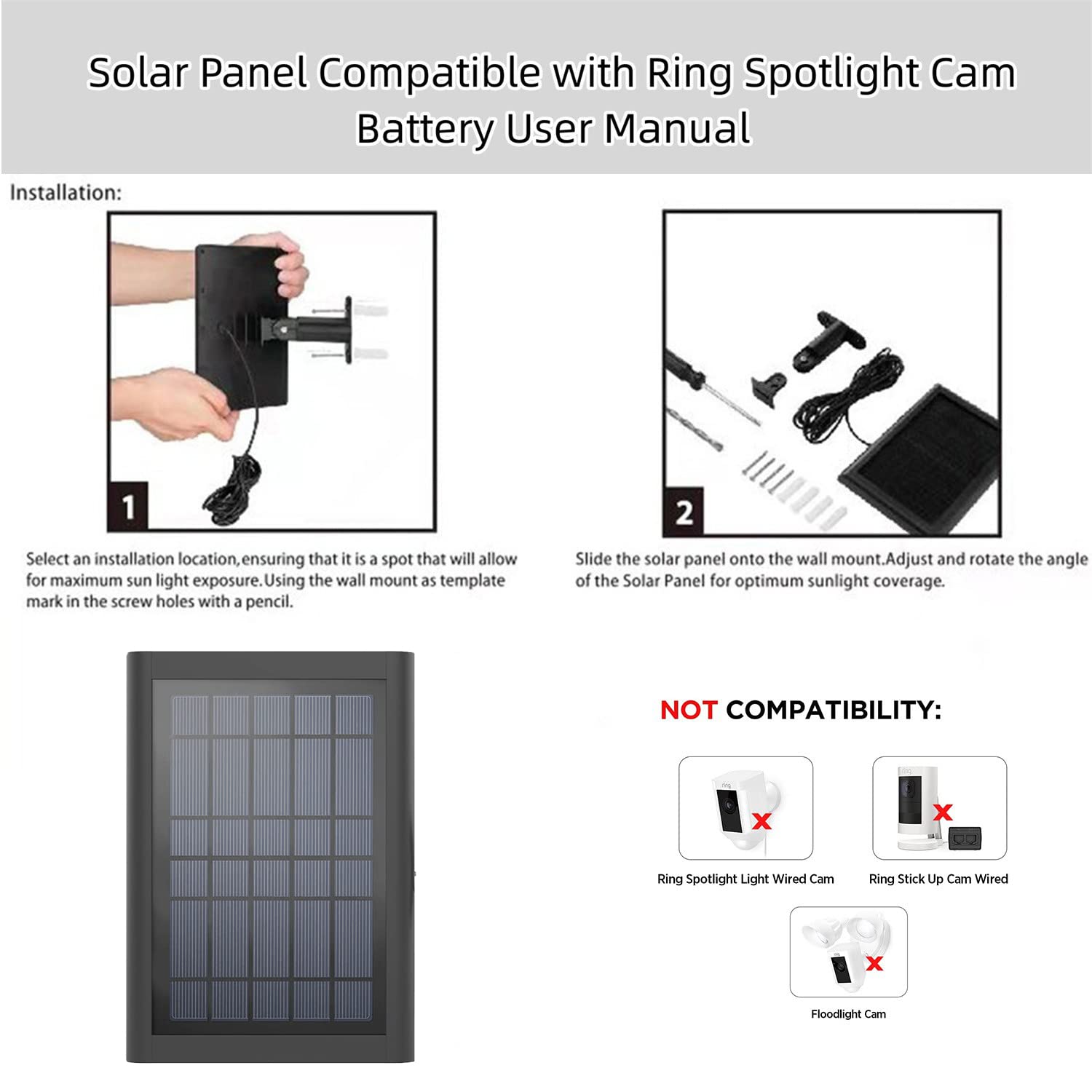 2 Pack Solar Panel for Ring Spotlight & Stick Up Cam - Portable Solar Charger Compatible with Ring Security Camera Battery Replacement - Perfect for Outdoor Home Security & Surveillance