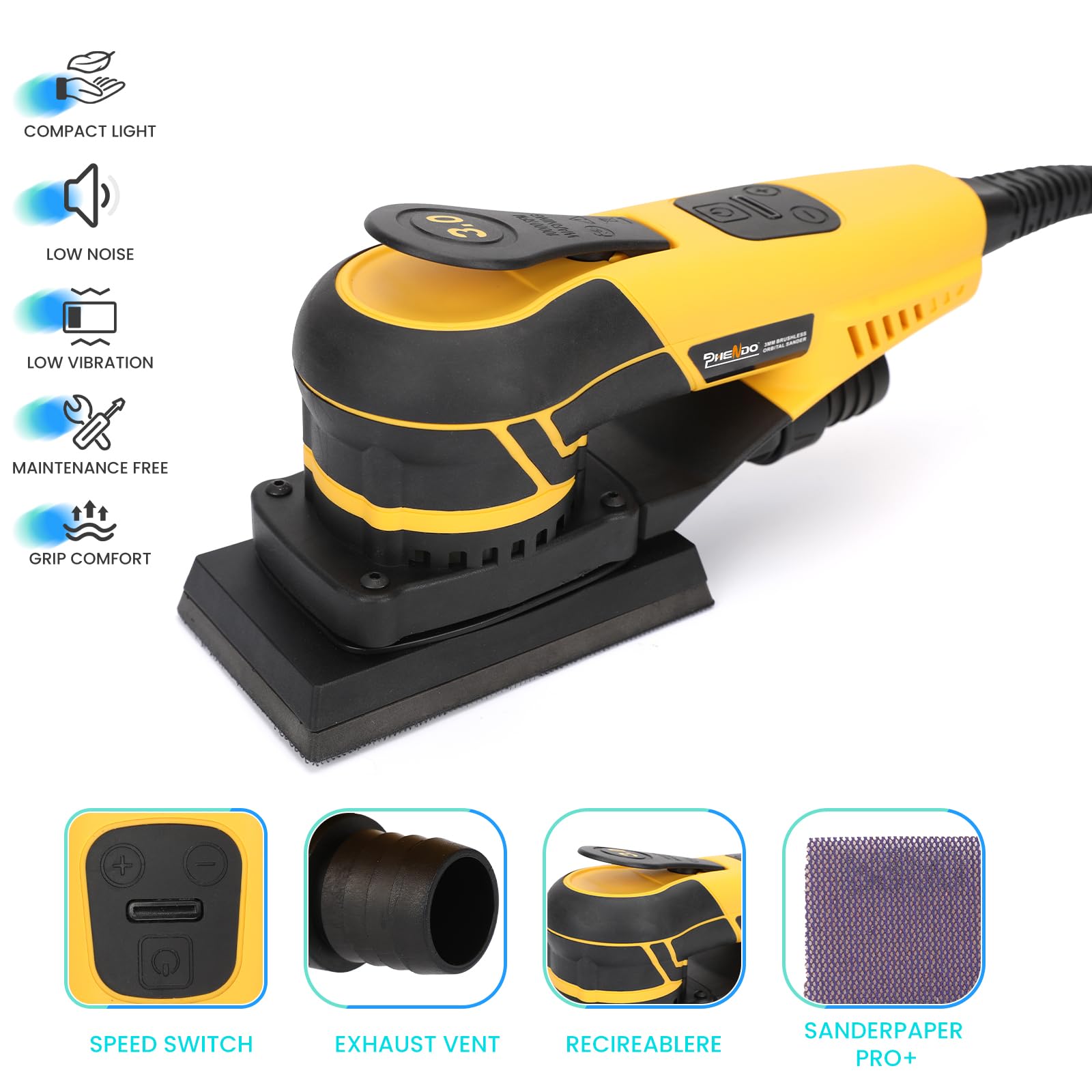 350W 3A Electric Random Orbital Sander - Professional Woodworking Mouse Sander with 3mm Orbit & Detachable Power Cord - Perfect for Sanding Wood, Panels, Furniture & DIY Projects