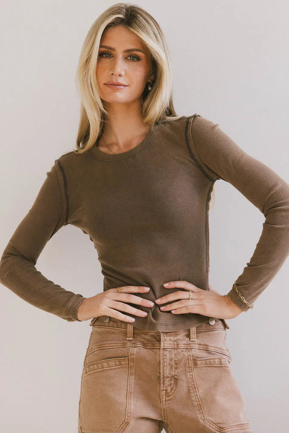 Lexie Ribbed Top in Charcoal - Women's Stretchy Knit Slim Fit T-Shirt for Casual Wear, Layering & Everyday Outfits