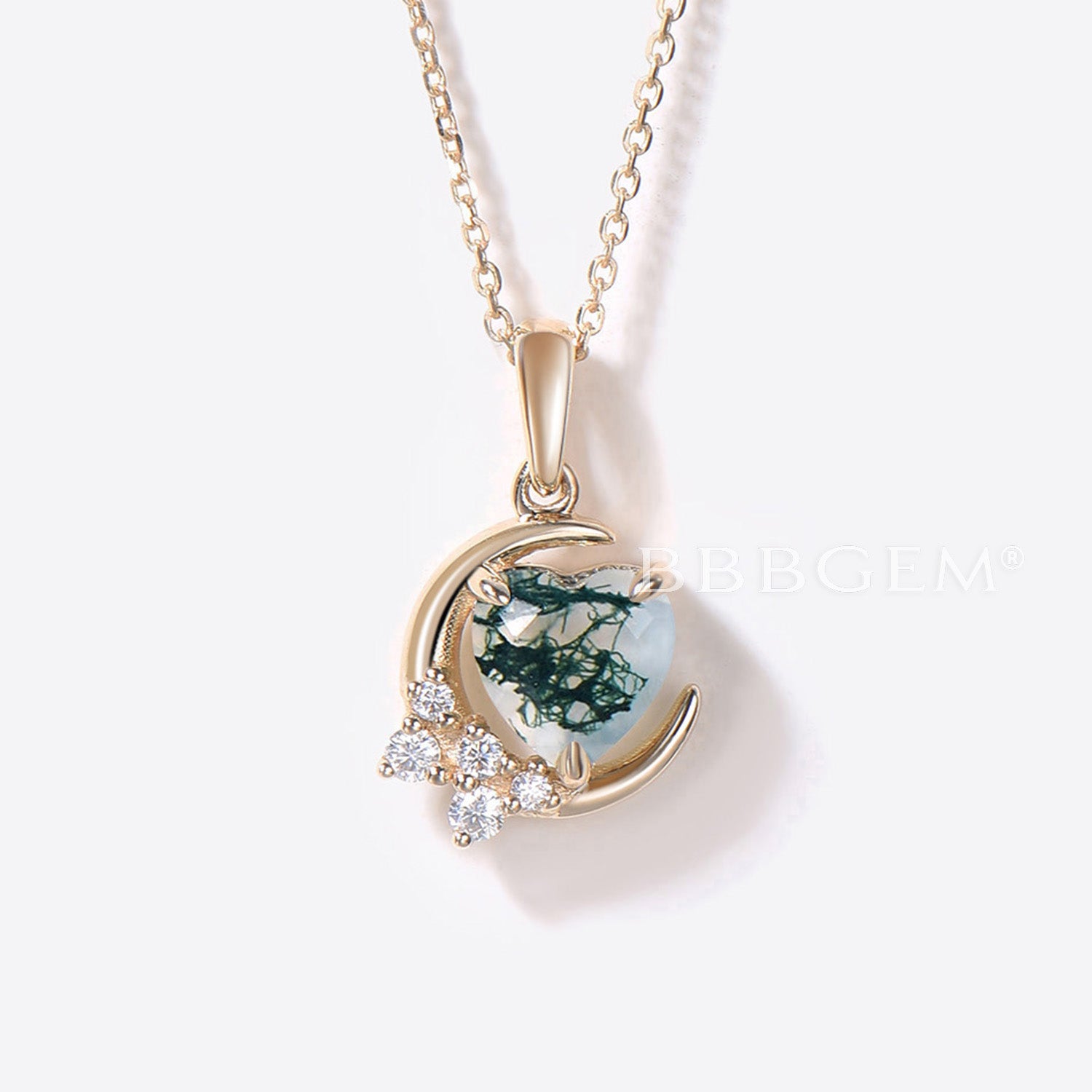 14K Gold Crescent Moon Necklace with Heart Shaped Moss Agate Pendant - Elegant Boho Jewelry for Women, Perfect for Date Night & Spiritual Healing
