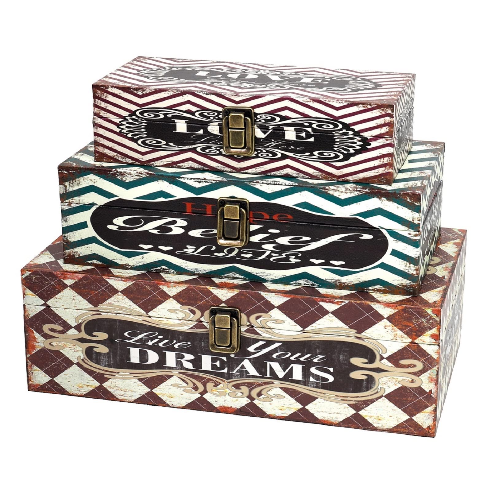 Jolitac Set of 3 Vintage Wooden Nesting Storage Boxes with Latch - Rustic Decorative Treasure Crates for Home Decor, Photos, Jewelry & Cash Storage (Rectangle Stripe Design) - Perfect for Farmhouse Style, Wedding Keepsakes & DIY Craft Organization