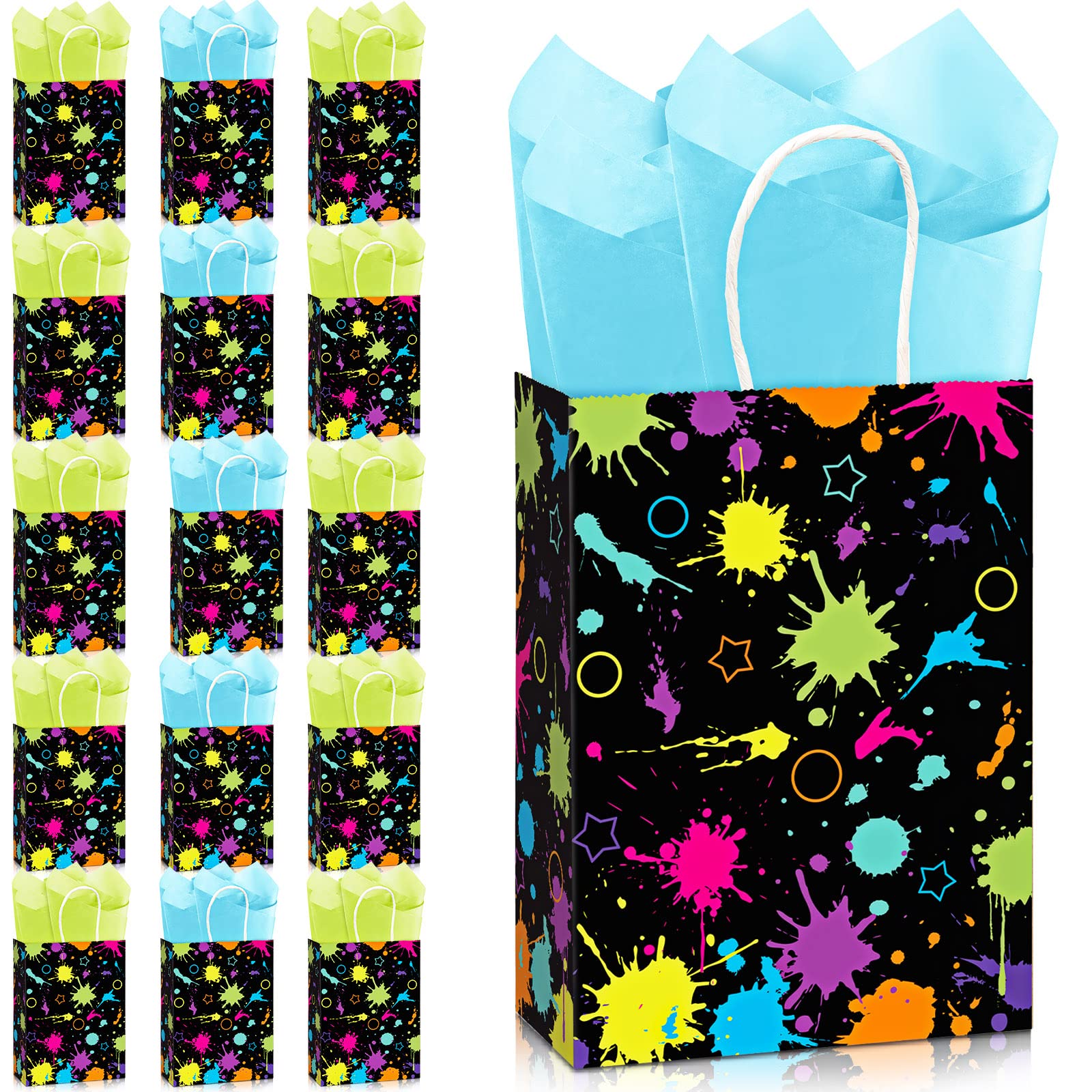 30 Pcs Glow in The Dark Party Favor Bags with Tissue Paper - Neon Theme Gift Bags for Birthday, Halloween & Rave Party Decorations - Glow Party Supplies for Kids & Adults