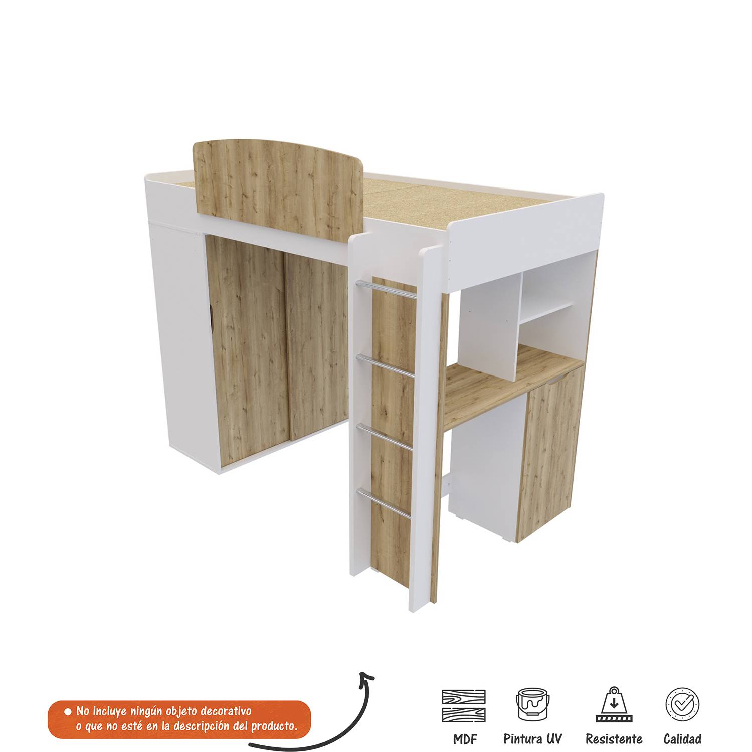 Multifunctional Loft Bed with Closet, Shelf & Extendable Desk - Duna - Perfect for Small Spaces, Kids & Teens Rooms, Dormitories & Studio Apartments