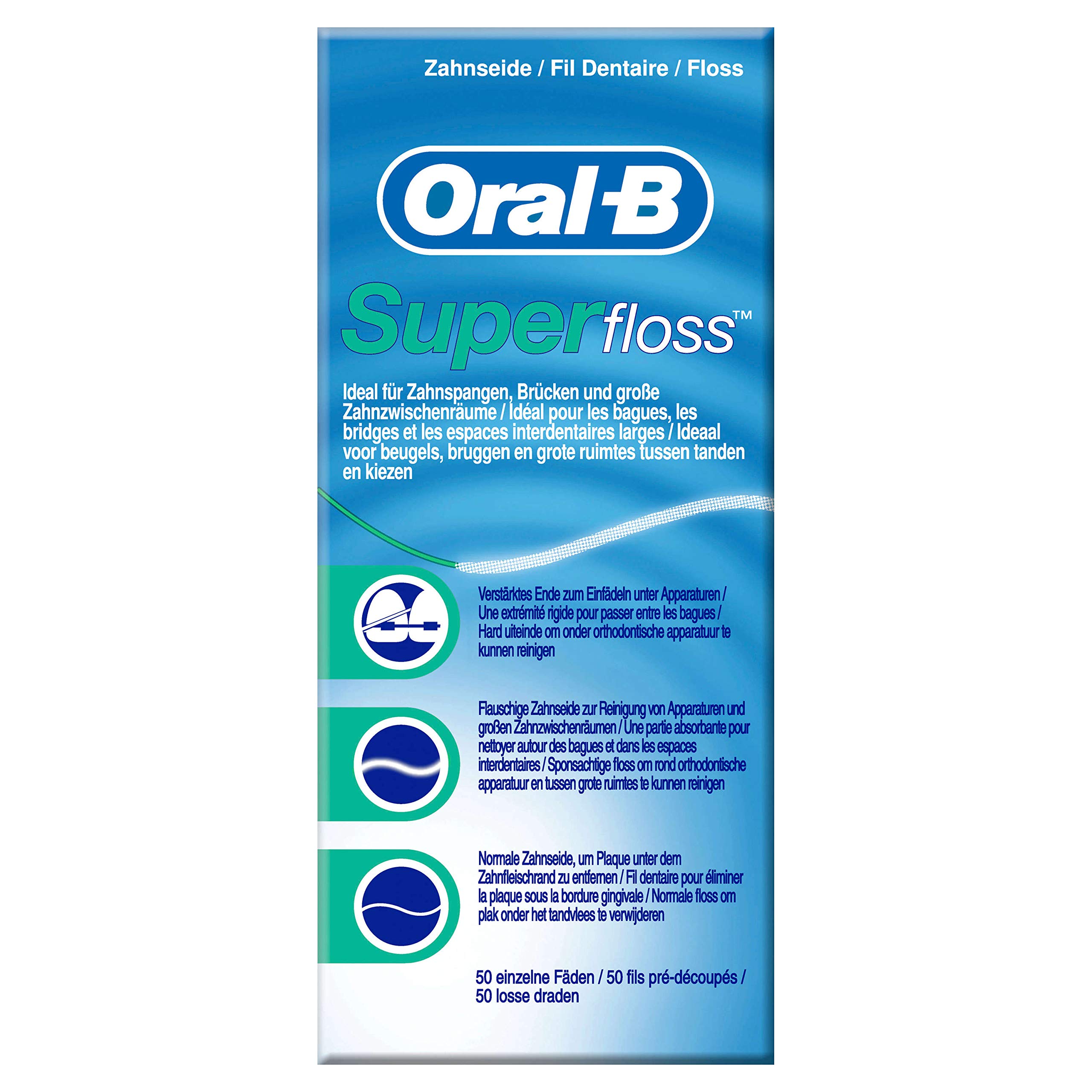Oral-B Super Floss Mint Dental Floss for Braces & Bridges - 50 Strips | Gentle Cleaning for Orthodontic Work & Dental Appliances | Perfect for Travel & Daily Oral Care