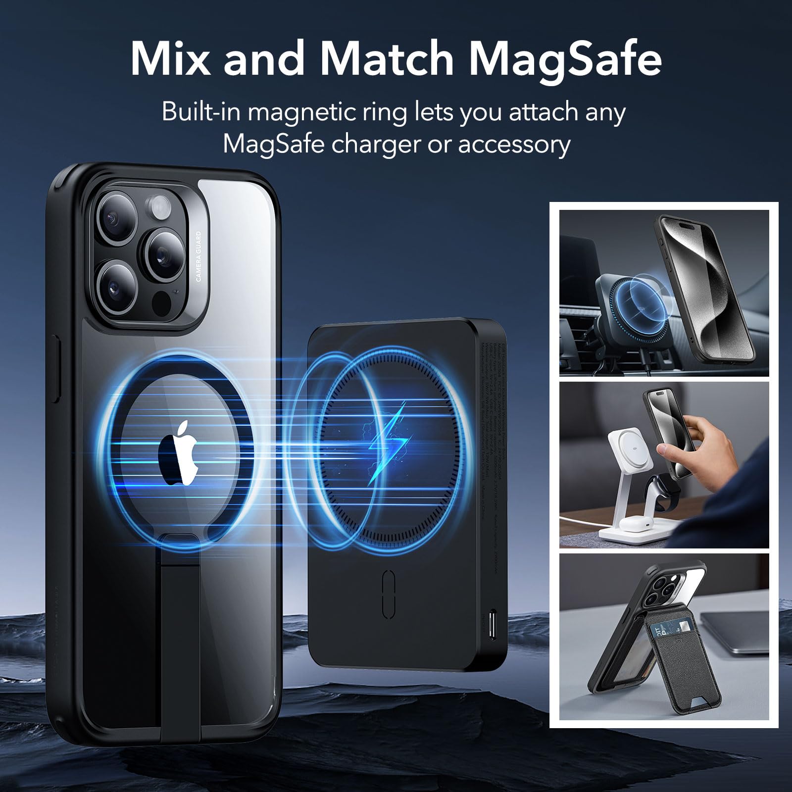 ESR for iPhone 15 Pro Max Case with MagSafe - Military-Grade Drop Protection & Adjustable Kickstand | Slim Clear Black Cover | Perfect for Work, Travel & Everyday Use