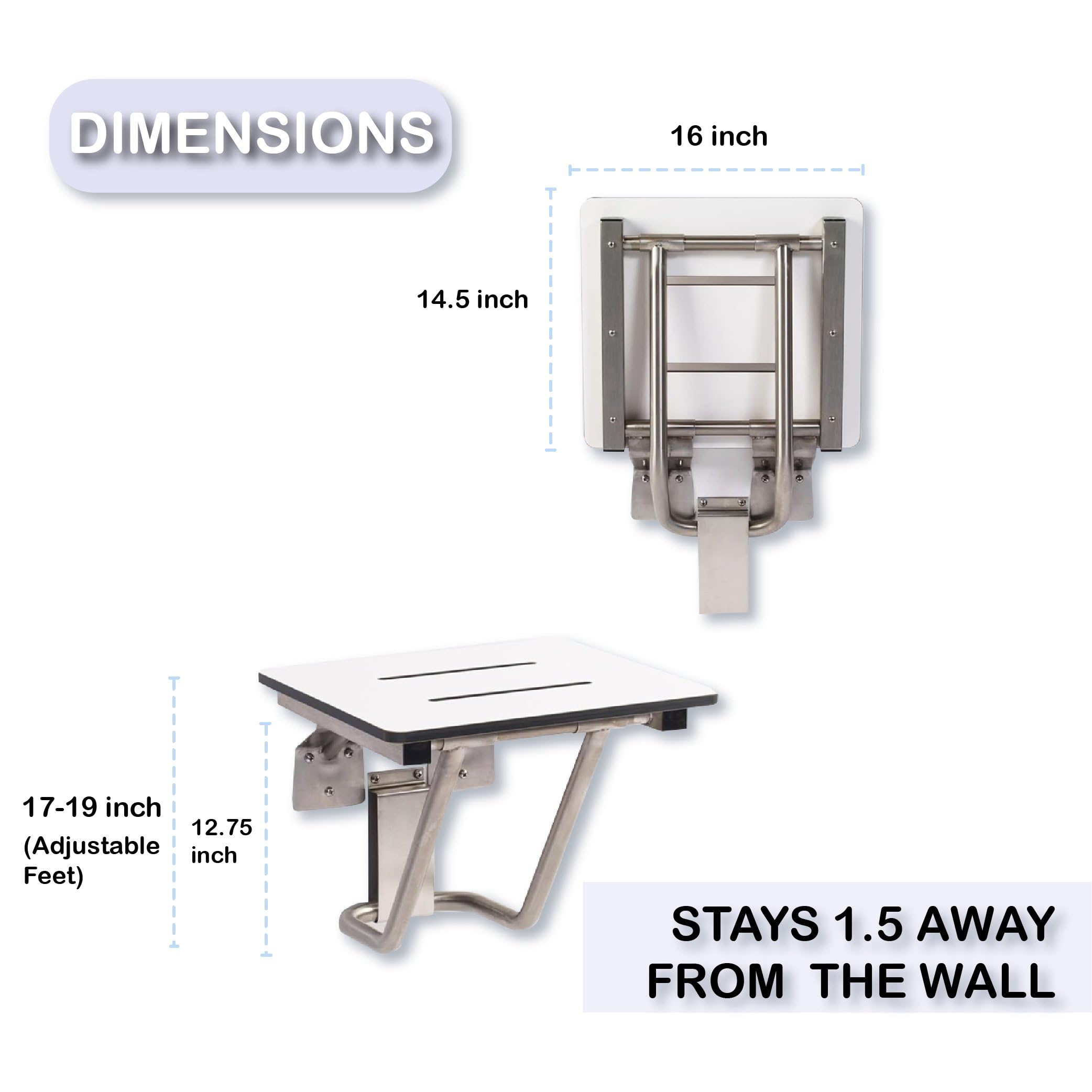 ADA Compliant Folding Shower Chair for Elderly & Disabled - 400 lb Capacity Wall Mounted Shower Seat with Phenolic Resin Seat & 304 Stainless Steel Frame (16