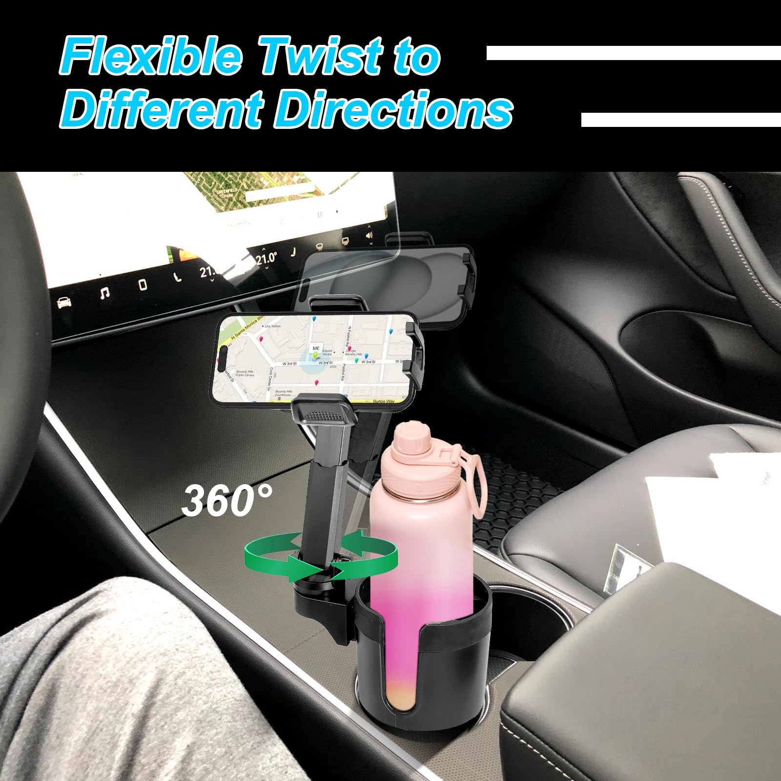 360° Rotating Cup Holder Phone Mount for Car - 2 in 1 Car Cup Holder Expander with Long Arm, Universal Smartphone Holder for iPhone, Samsung, Pixel - Perfect for Road Trips, Commuting & Food Delivery
