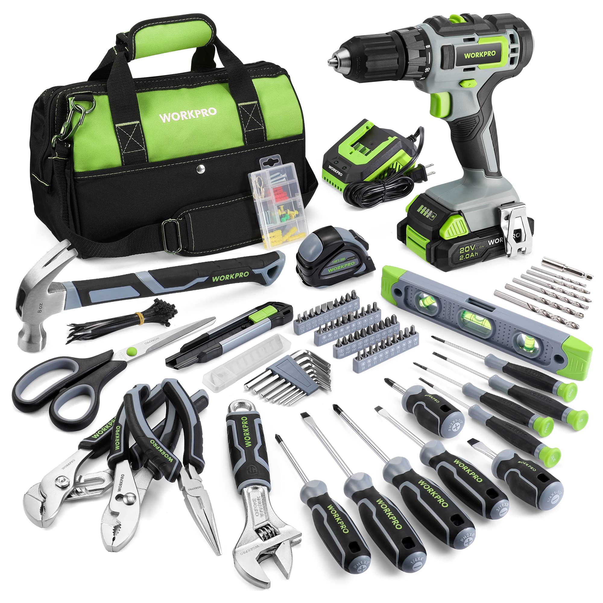 WORKPRO 157-Piece Home Tool Set with 20V Cordless Lithium-Ion Drill Driver, All-Purpose Power Tool Kit with Durable Tool Bag - Perfect for DIY Projects, Home Repairs, and Professional Construction Work
