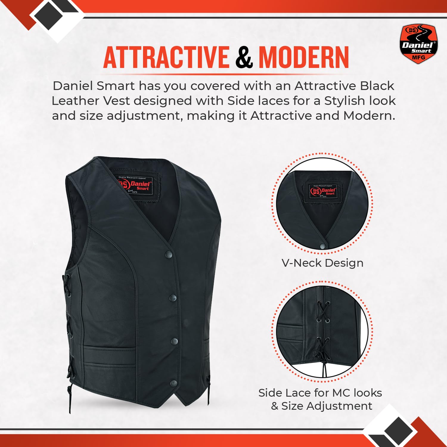 Daniel Smart Women's Black Leather Biker Vest with Stylish Side Laces & Concealment Armory Pocket - Perfect for Motorcycle Riding, Outdoor Adventures & Fashion Streetwear