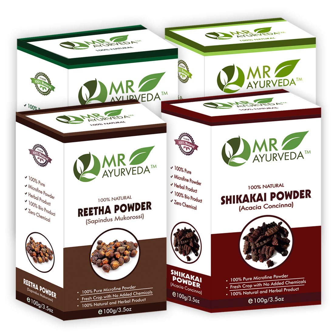 MR Ayurveda Reetha Powder, Shikakai Powder, Bhringraj Powder & Amla Powder - 4-in-1 Natural Hair & Skin Care Set (100g Each) | Herbal Treatment for Dandruff, Hair Growth & Glowing Skin | Perfect for DIY Hair Masks & Ayurvedic Beauty Routines