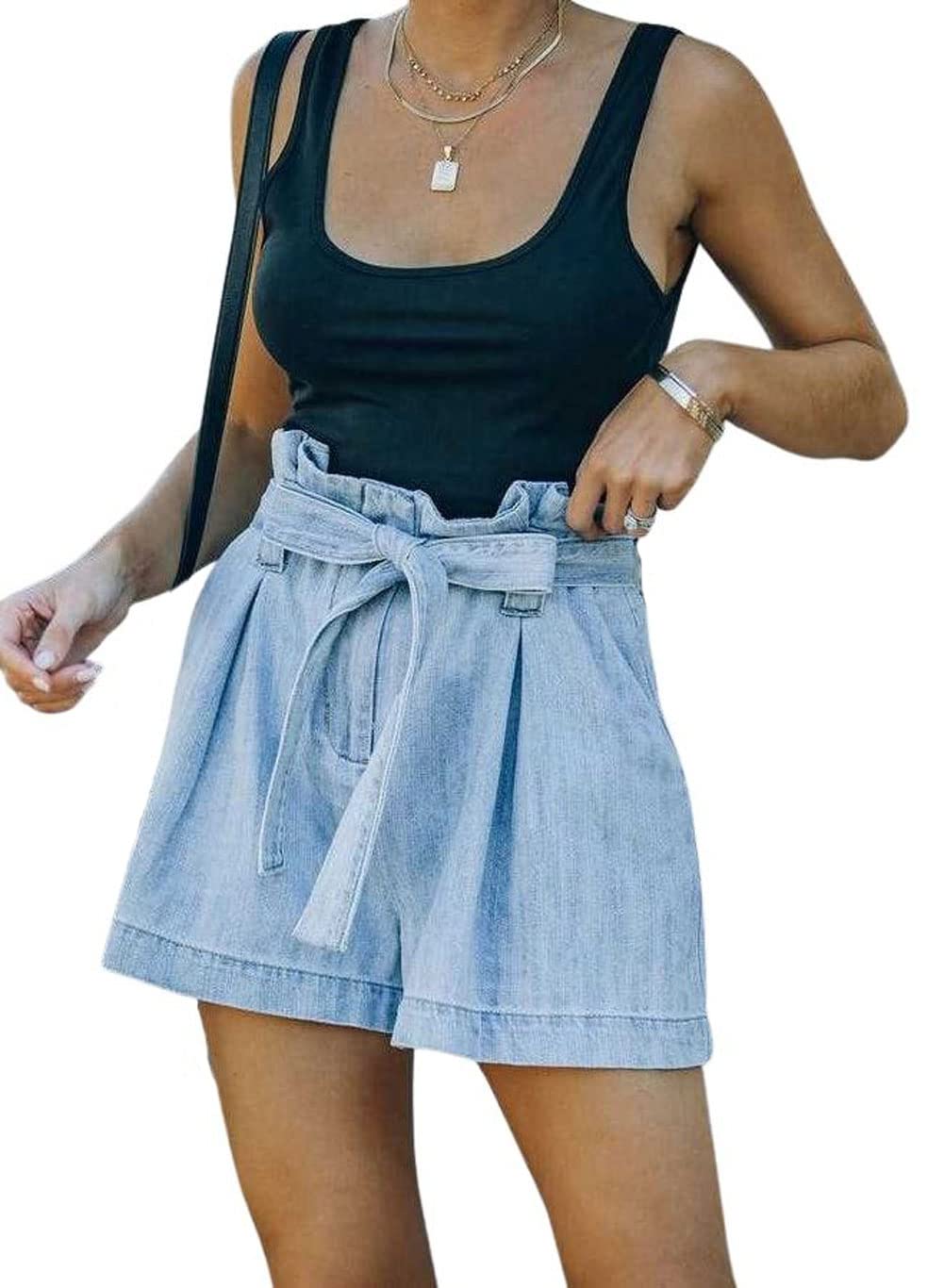 CHARTOU Women's High Waist Paper Bag Denim Shorts with Self-Tie Belt - Loose Fit Wide Leg Casual Shorts for Summer, Beach, and Everyday Wear