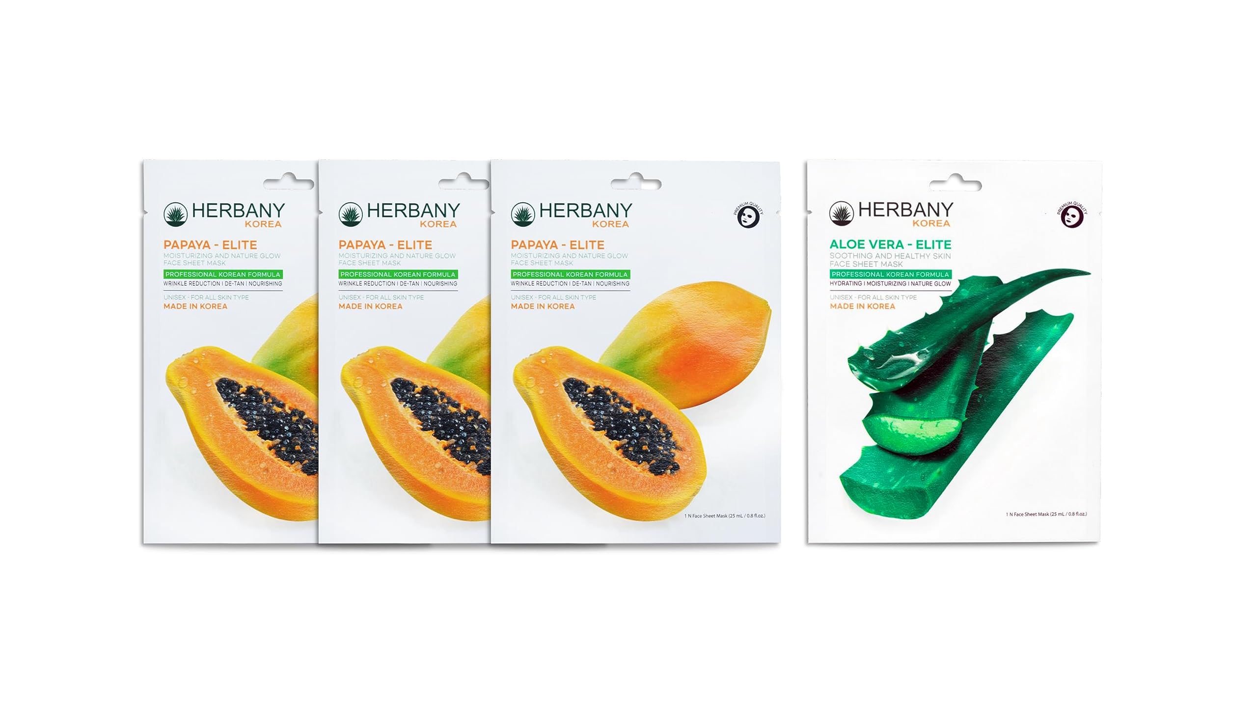 Korean Papaya & Aloe Vera Face Mask Pack of 4 - Hydrating & Brightening for All Skin Types - Made in Korea