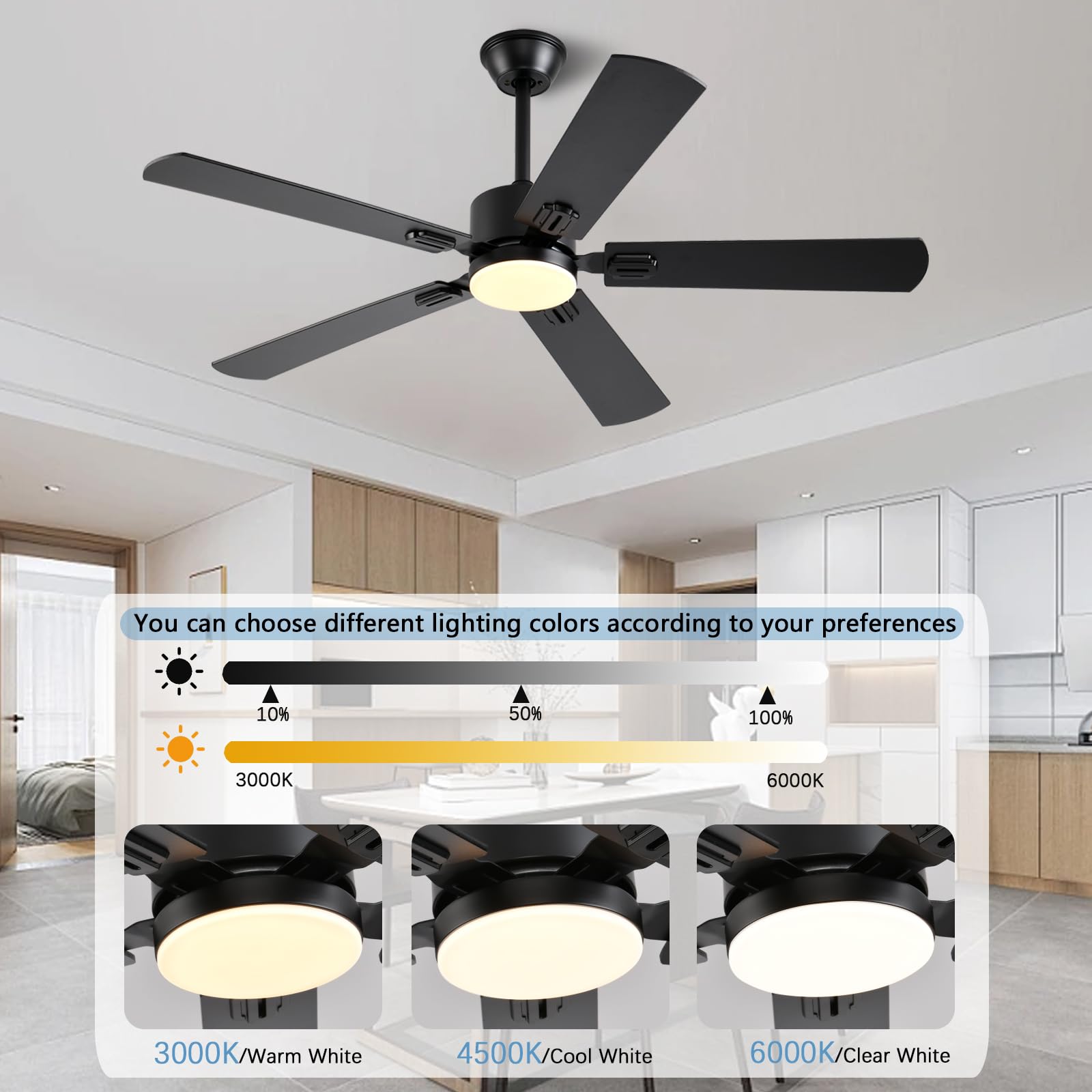 52 Inch Modern Ceiling Fan with Light - Smart APP & Remote Control, Low Profile Reversible 6-Speed Indoor/Outdoor Ceiling Fan for Bedroom, Living Room, Patio - Black - Perfect for Home Cooling & Stylish Decor