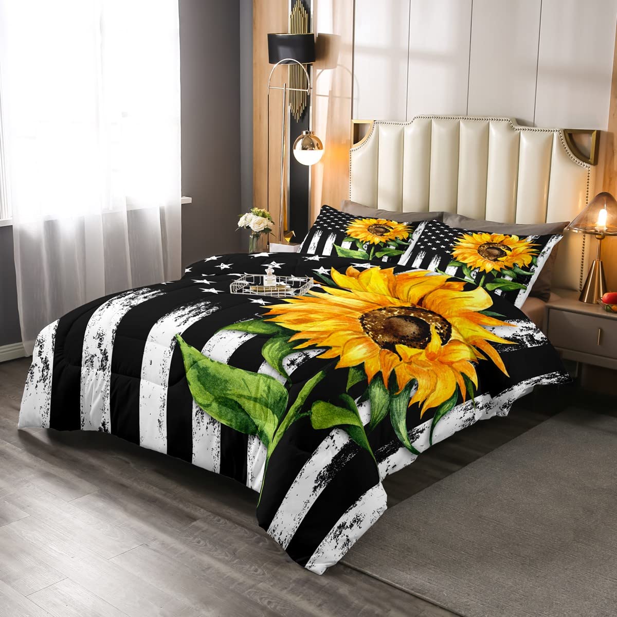 American Flag Comforter Set - Sunflower Military Themed Bedding for Kids (Twin Size) | Includes 1 Comforter & 1 Pillowcase | Patriotic Boys Girls Bedroom Decor with Green Leaves Yellow Flowers Design | Perfect for Kids Rooms, Dormitories & Themed Bedrooms