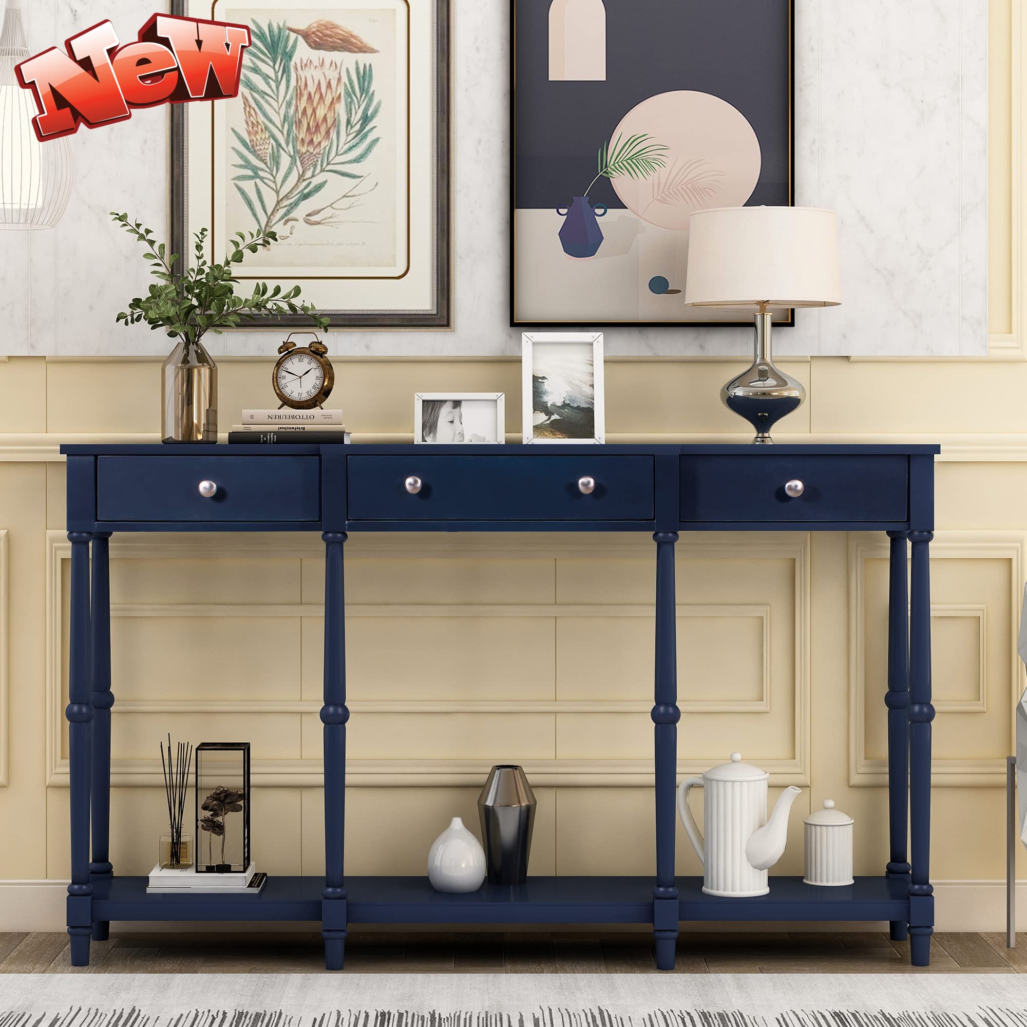 DOONHEXS Sturdy Console Table with 3 Drawers & Open Shelf - Narrow Long Sofa Table for Living Room, Bedroom, Entryway - Classic Hallway Table - Easy Assembly (Navy) - Perfect for Small Spaces & Home Decor