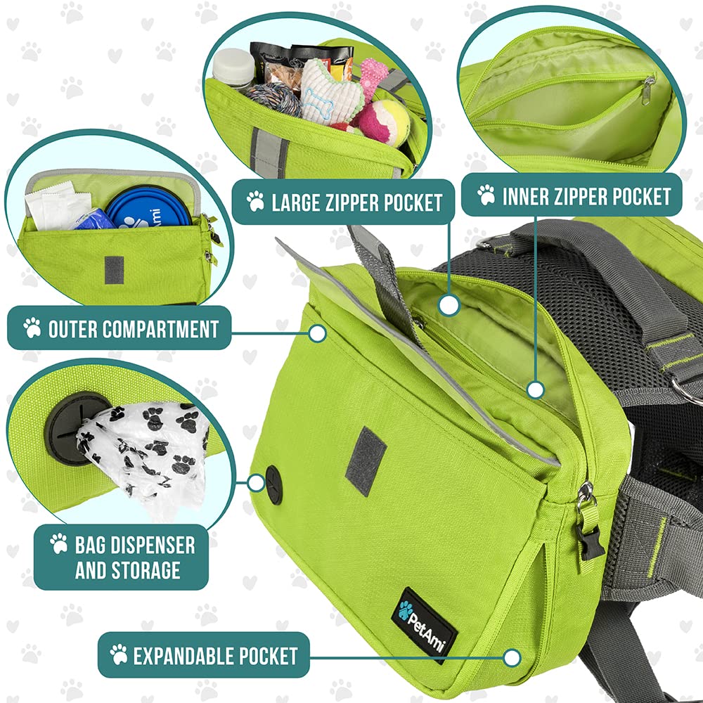 PetAmi Dog Backpack for Medium & Large Dogs - Adjustable Saddle Bag Carrier with Reflective Safety Pockets - Perfect for Hiking, Camping & Travel Accessories (Green, Medium) - Ideal for Outdoor Adventures, Dog Walking & Pet Travel Gear