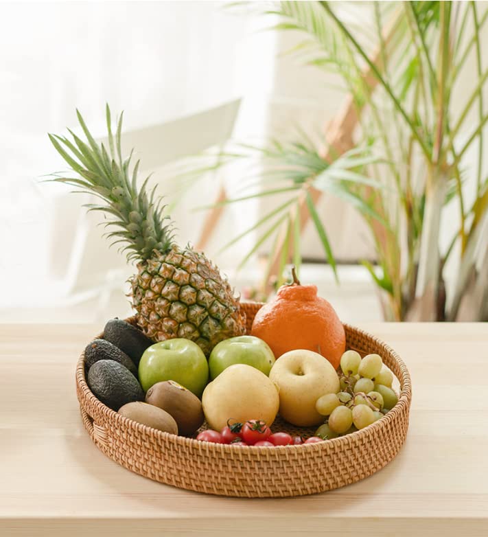 Hand Woven Rattan Round Serving Tray - 13.8 Inch Decorative Coffee Table Tray with Handles, Ottoman Wicker Basket for Fruit, Bread & Snacks - Perfect for Living Room, Kitchen & Outdoor Entertaining