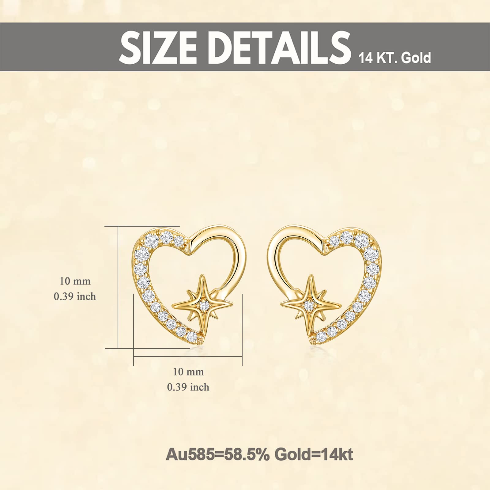 14K Solid Gold Star & Heart Earrings for Women - Cubic Zirconia Stud Earrings - Valentine's Day/Anniversary/Mother's Day Gift - Perfect for Date Night, Wedding & Special Occasions