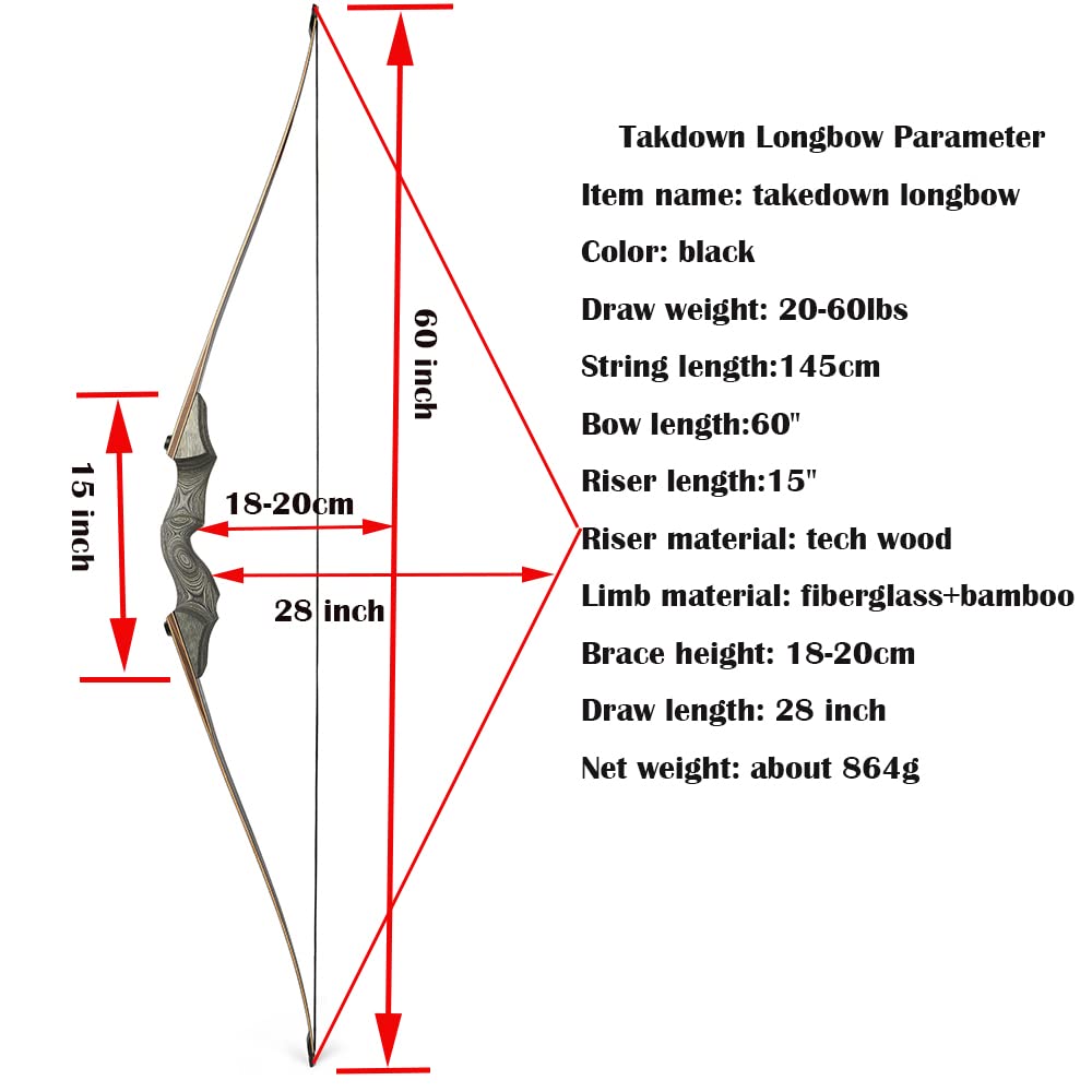 60 Inch Black Hunter Takedown Longbow 20-60lbs - Traditional Wood Longbow for Right & Left Hand - American Hunting Bow for Outdoor Archery, Target Practice & Survival Training