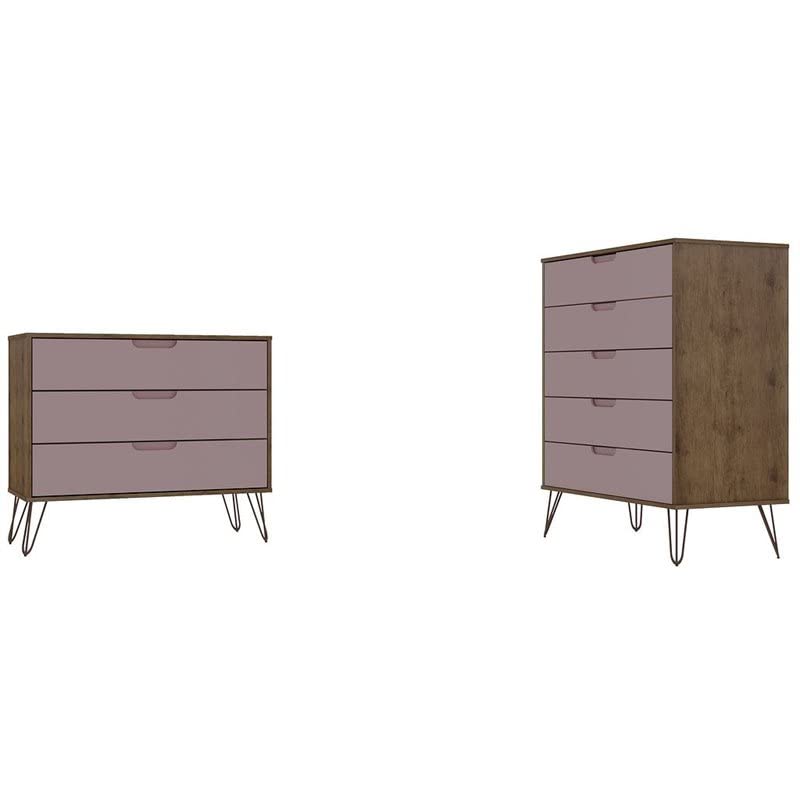 Eden Home Wood 3 & 5 Drawer Dresser Set - Natural & Rose Pink Finish | Stylish Bedroom Storage for Clothes, Accessories & Home Organization