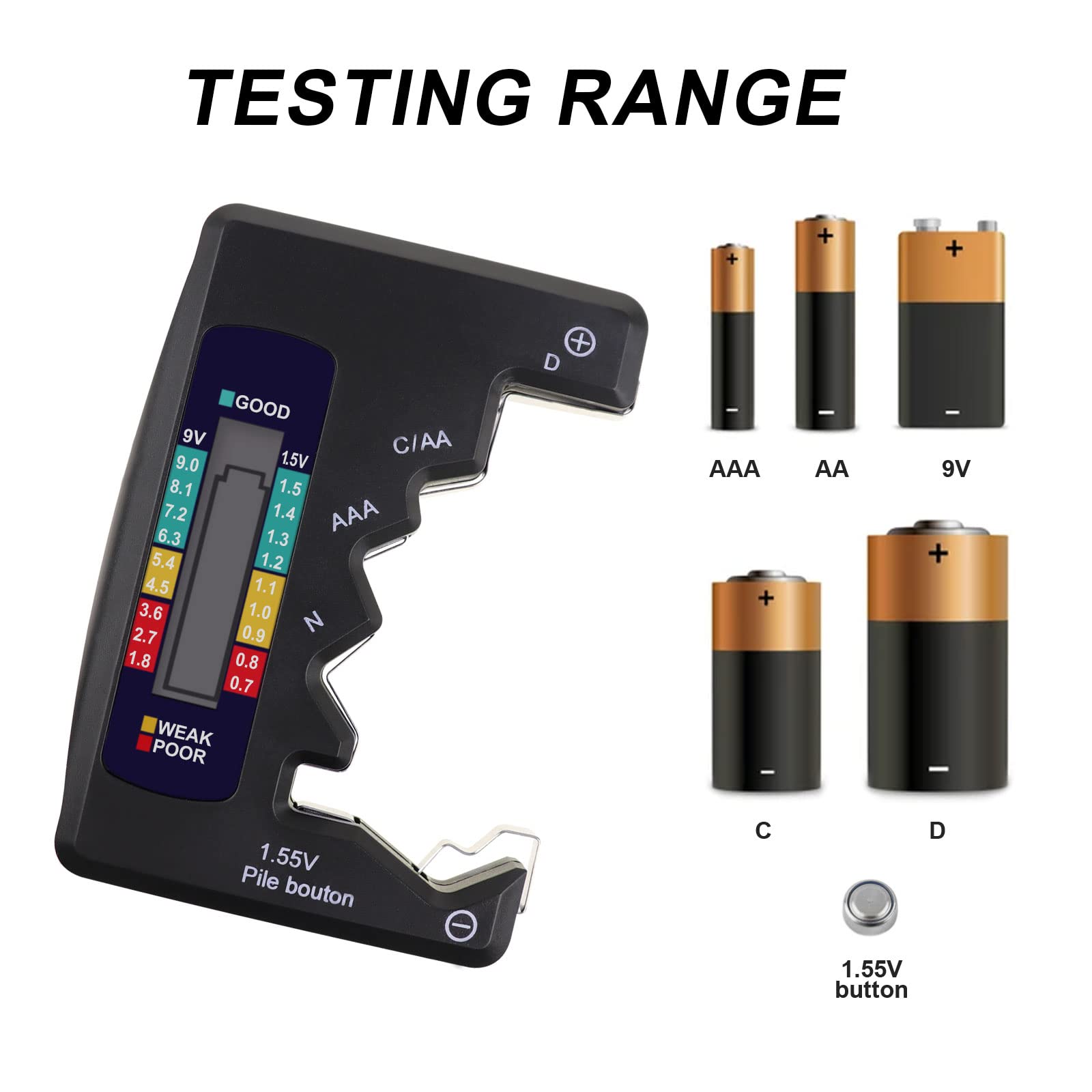 Battery Tester for AA AAA C D 9V 1.5V Button Cell - LCD Display with Clear Bar Graph, Compact Pocket Size - Perfect for Home, Office, and Emergency Kits