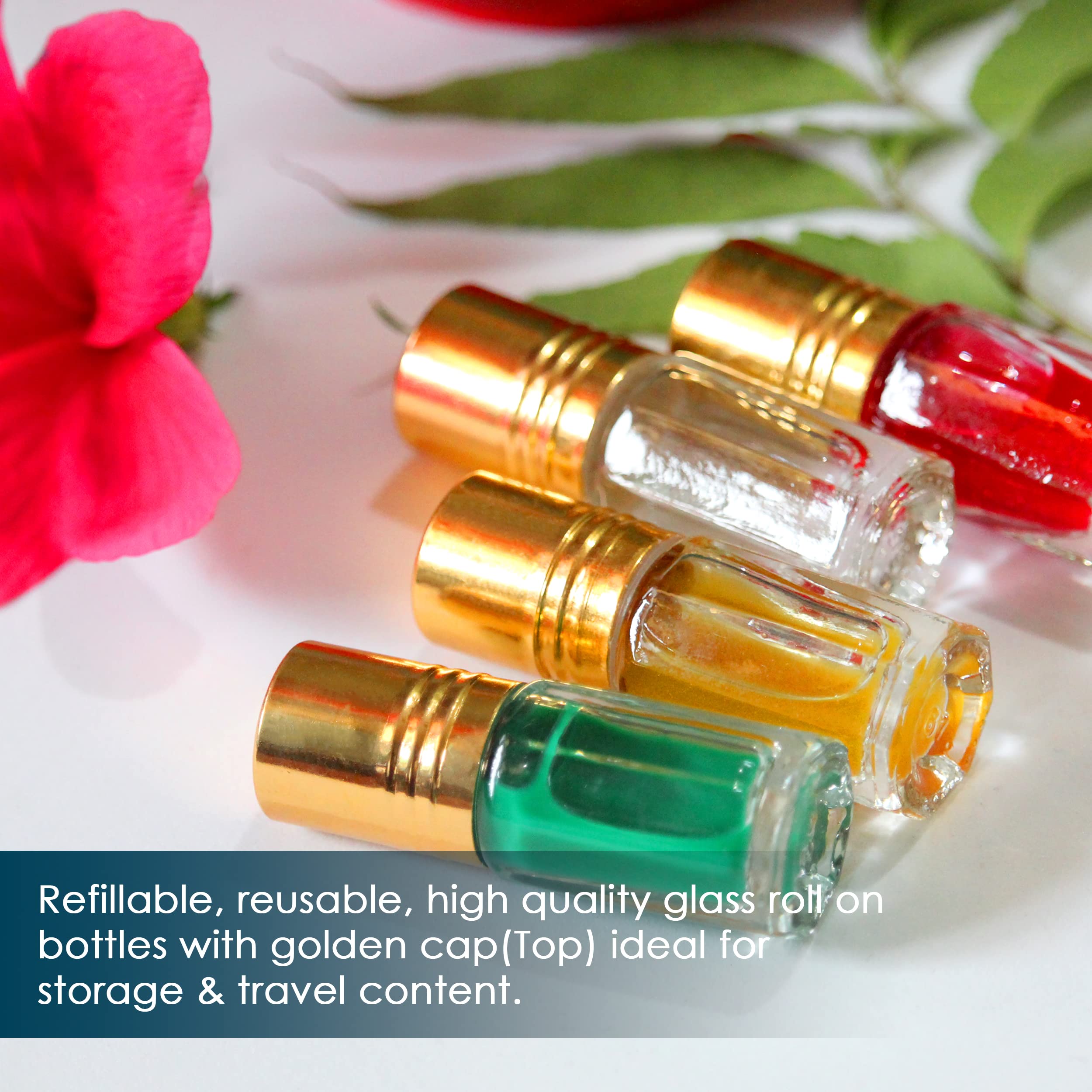 NSB Herbals 6ml Empty Clear Glass Roll On Bottles with Gold Cap for Essential Oils, Perfume, Aromatherapy | Refillable, Reusable & Leakproof Roller Bottles (Pack of 6) - Perfect for DIY Essential Oil Blends, Travel Size Perfumes, and Natural Skincare Products