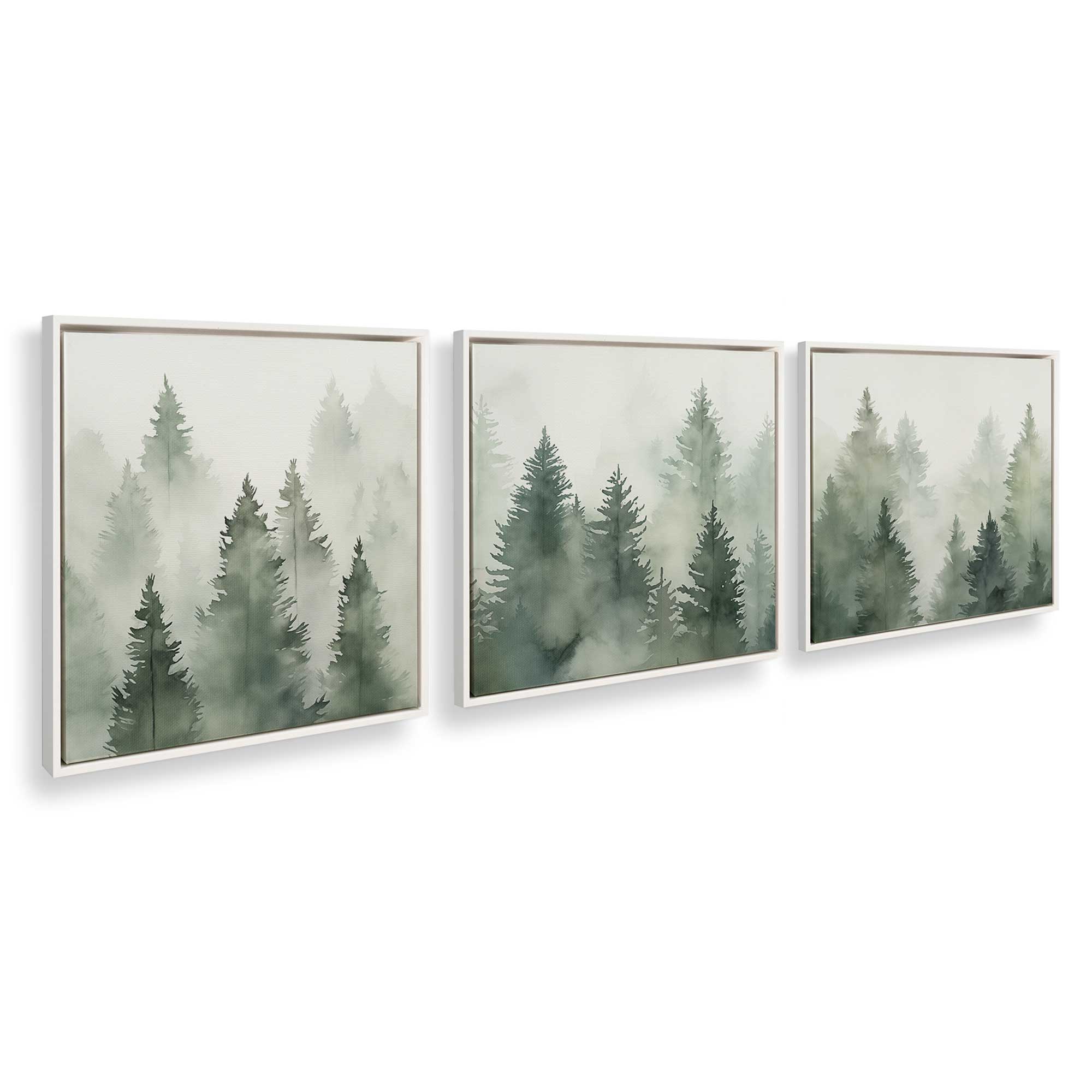 Green Haze Woodland Canvas Wall Art - Set of 3 Framed Prints for Living Room, Bedroom & Office Decor | Nature Landscape Painting | Ready to Hang