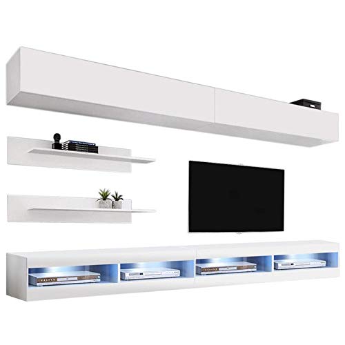 Modern White Wall-Mounted TV Stand with Storage Shelves & LED Lights - 34