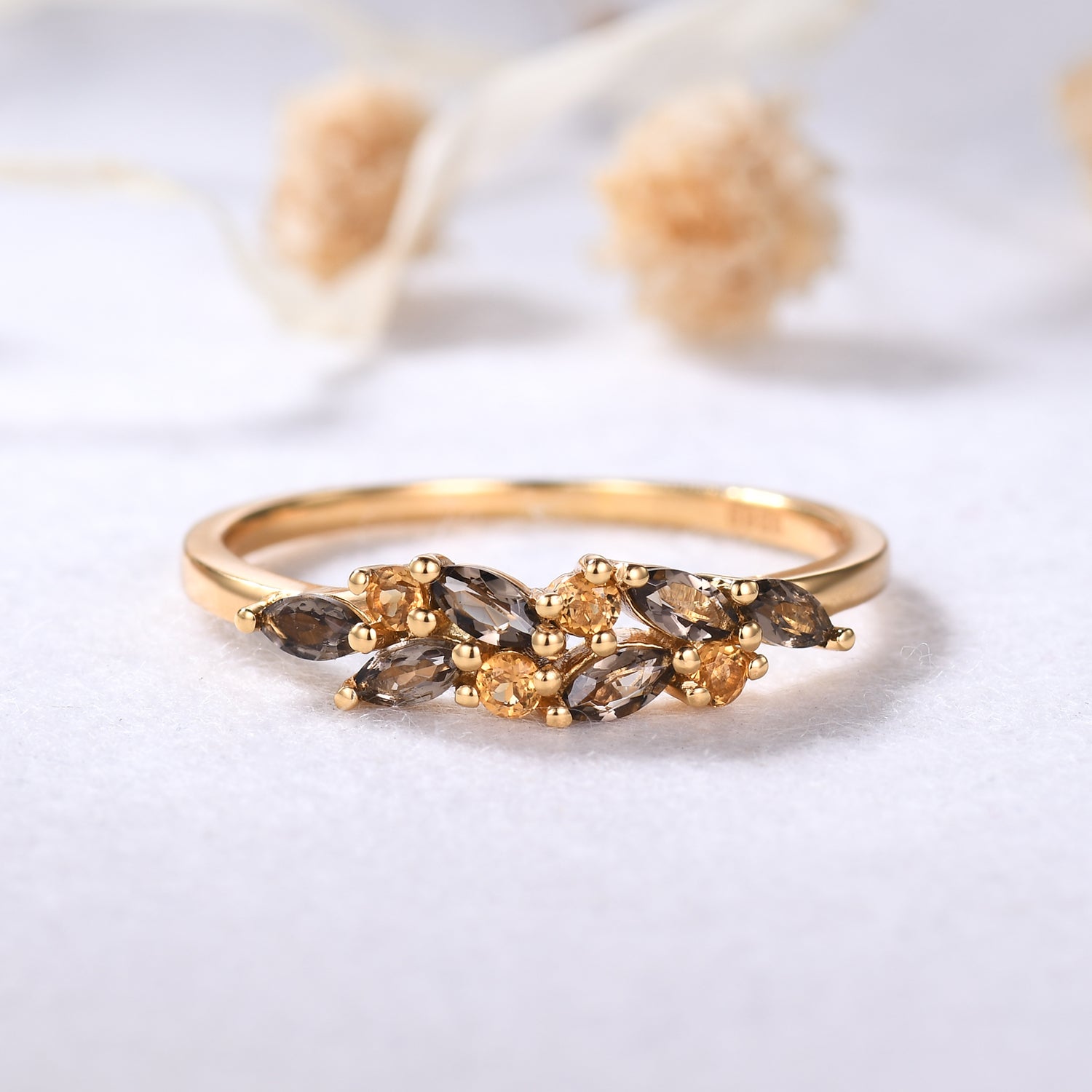 Vintage Smoky Quartz Citrine Wedding Band - Brown Gemstone Yellow Gold Ring for Women - Perfect for Engagement, Anniversary & Special Occasions