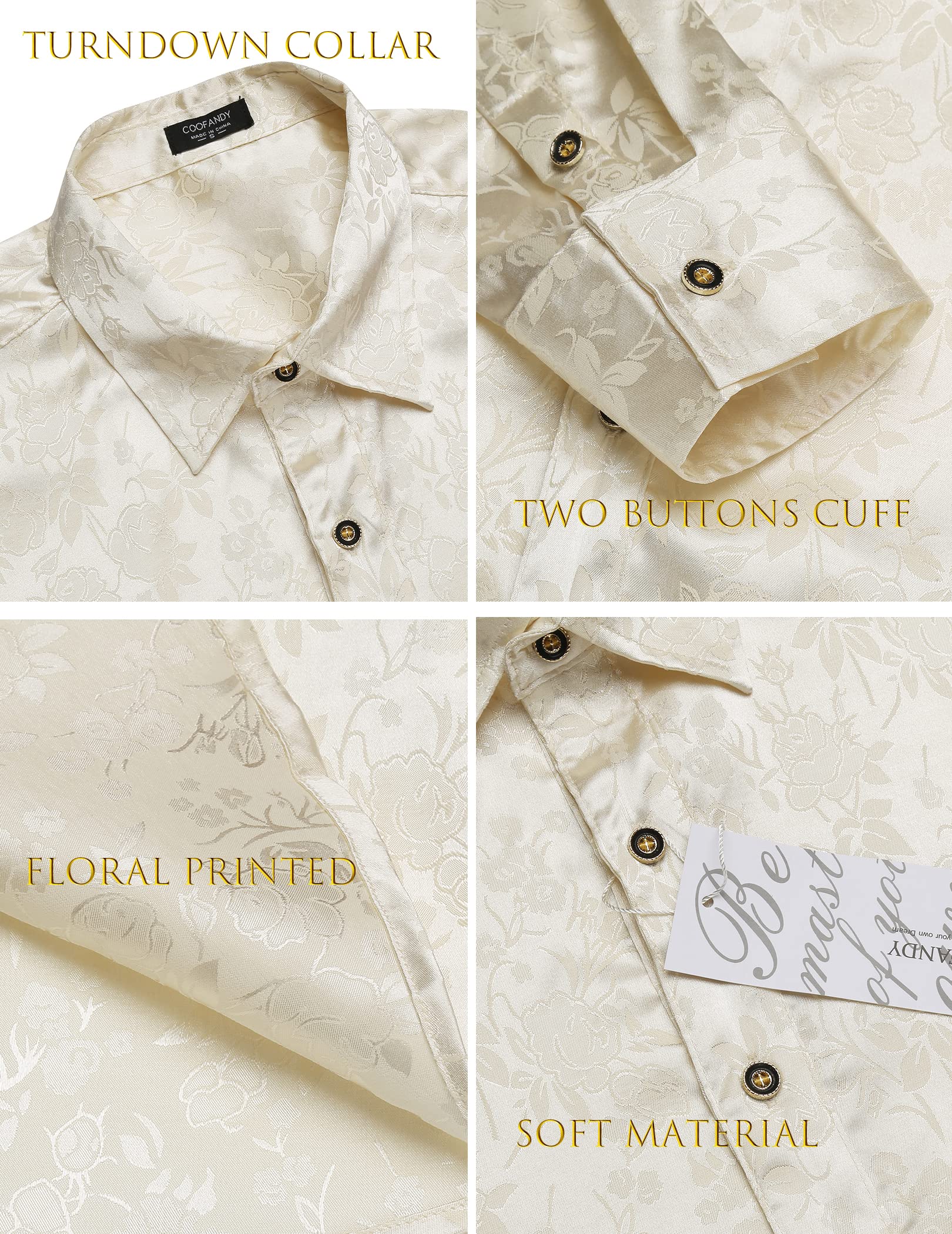 COOFANDY Men's Silk Satin Dress Shirt - Jacquard Long Sleeve Floral Button Up Shirt for Wedding, Prom & Party | Formal Occasions & Business Events